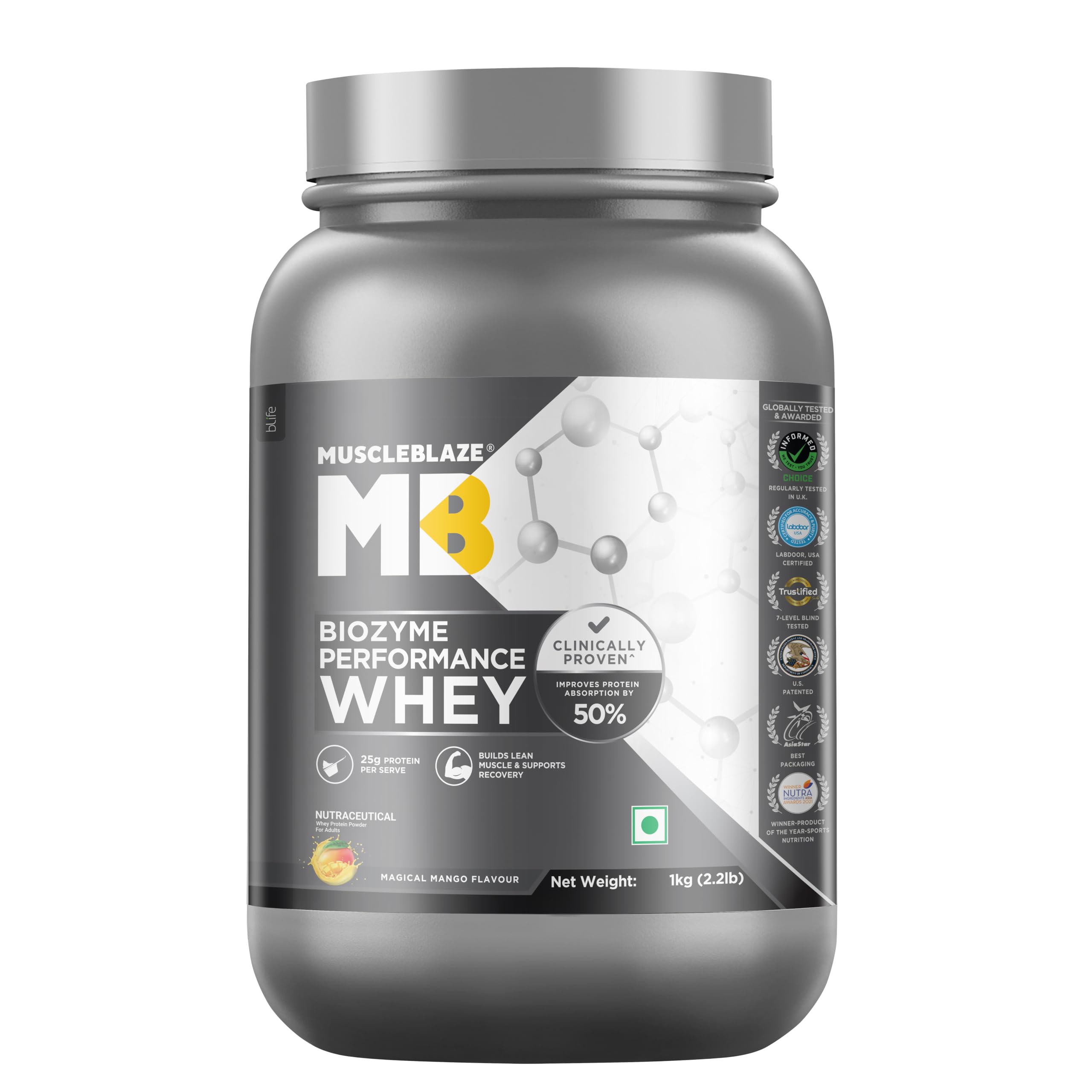 MuscleBlaze Biozyme Performance Whey Protein Powder, Magical Mango (1kg / 2.2lbs) | 25g Protein Per Scoop | Clinically Tested 50% Higher Protein Absorption-image-39