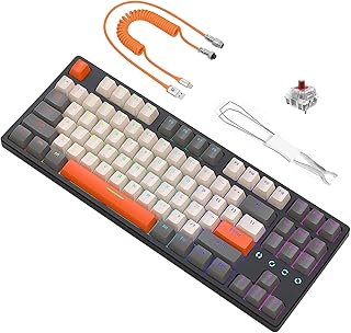 ATTACK SHARK K87 TKL Hot Swappable Wired Mechanical Gaming Keyboard with Custom Coiled USB C Cable, Red Switch Full Key Anti-Ghosting,LIGHTSYNC RGB Programmable,Type-C USB Cable White,for PS4/MAC/Wins