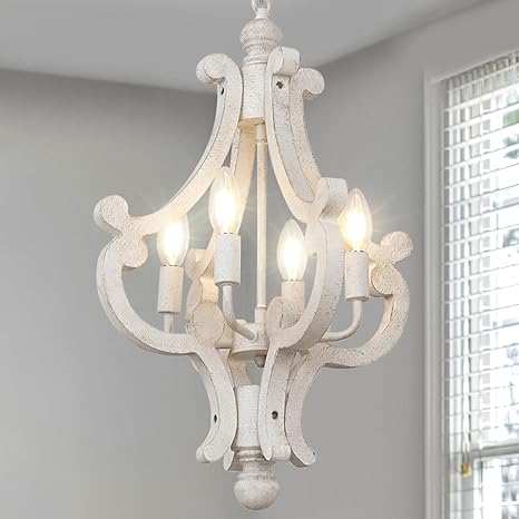 French Country Chandelier, 4-Light Rustic Distressed White