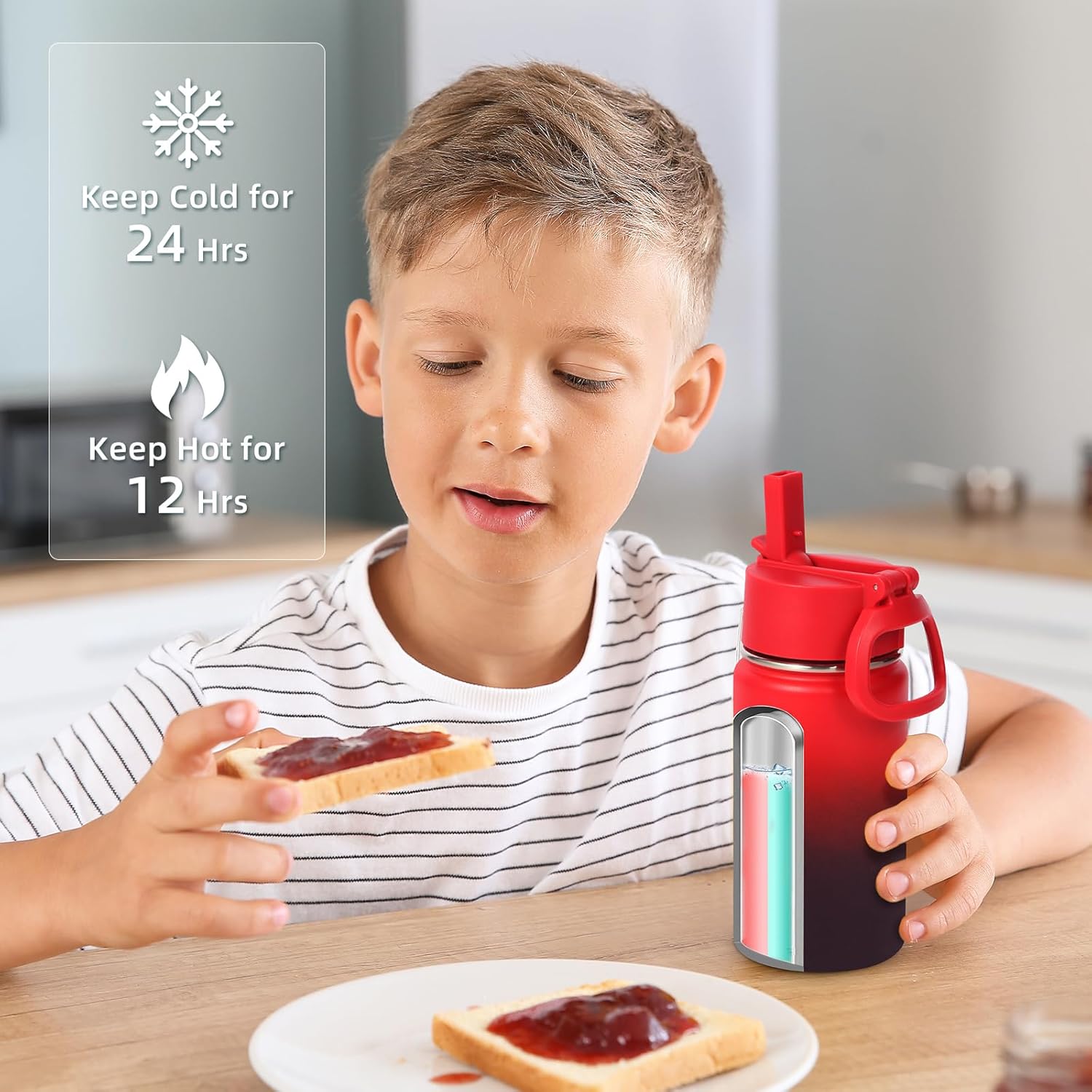 Volhoply 14oz KIds Stainless Steel Insulated Leakproof Water Bottle with Straw Lid and Silicone Boot,BPA-Free Easy Use for Boys&Girls,Double Wall Vacuum Bottles(Red Purple,1) - Image 6