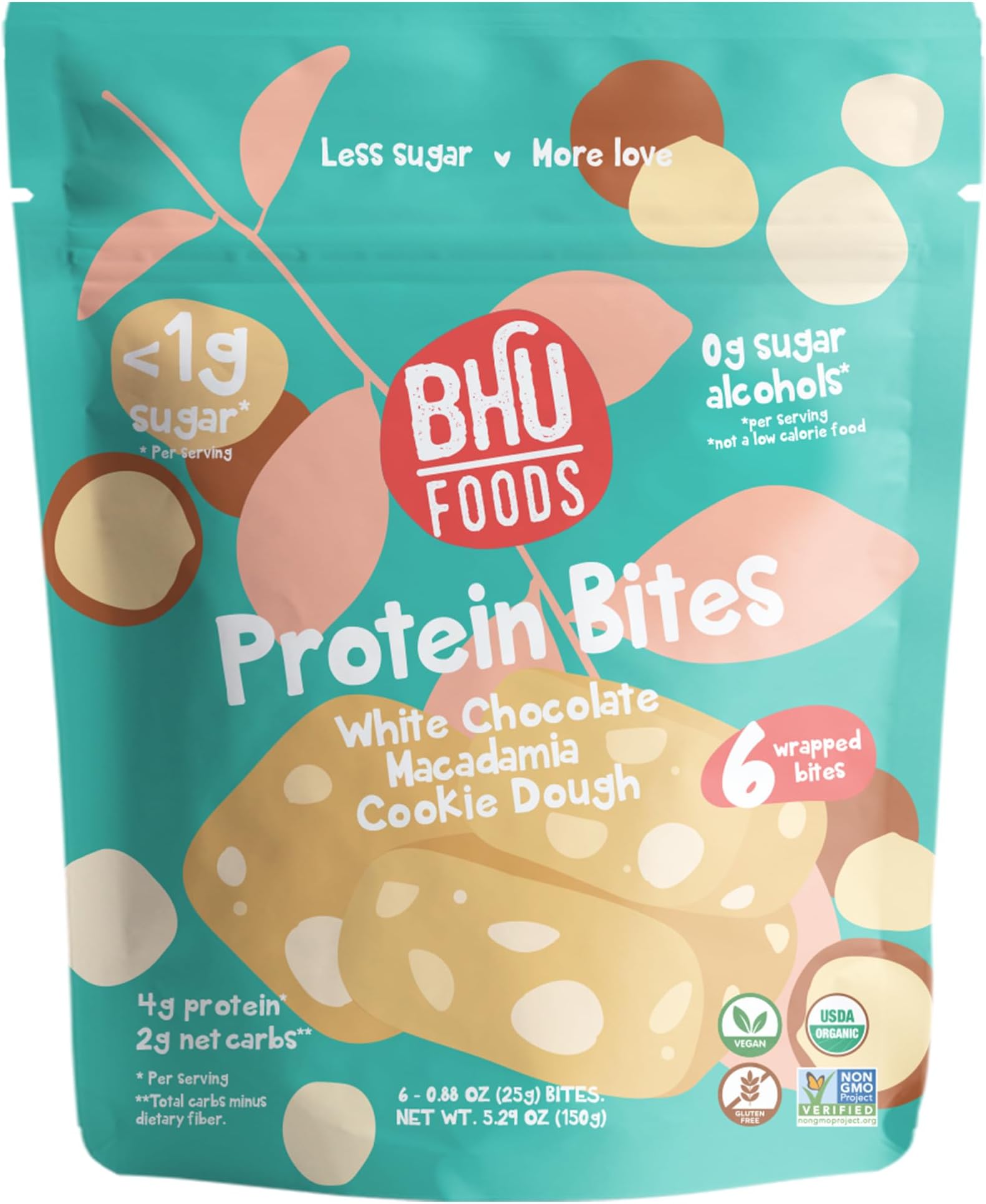 Bhu Foods Keto Bites, White Chocolate Macadamia Cookie Dough, Organic Snacks for Adults & Kids, Gluten Free, Vegan, Low Carb & Sugar, Individually Wrapped (1 Pack)