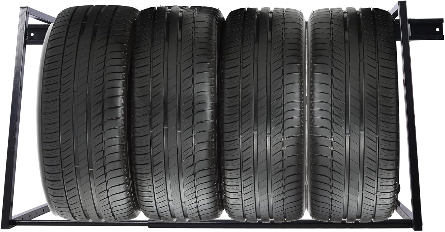 Tire Rack Wall Mount Steel Heavy-Duty Adjustable 32”-58” Wide - Multi-Vehicle Wheels Storage Shelves for Garage and Workshop Car Tire Holders, Space-Saving Wheel Organizer for Seasonal, RV, ATV Tires