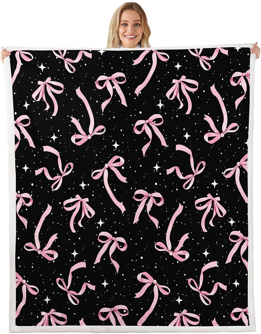 jejeloiu Cute Bowknot Sherpa Blanket Pink Ribbon Bow Fleece Throw Blanket for Kids Boys Girls Dreamy Princess Decor for Livingroom Bow Tie Decor for Sofa Bed Couch,Throw 50x60 Inches