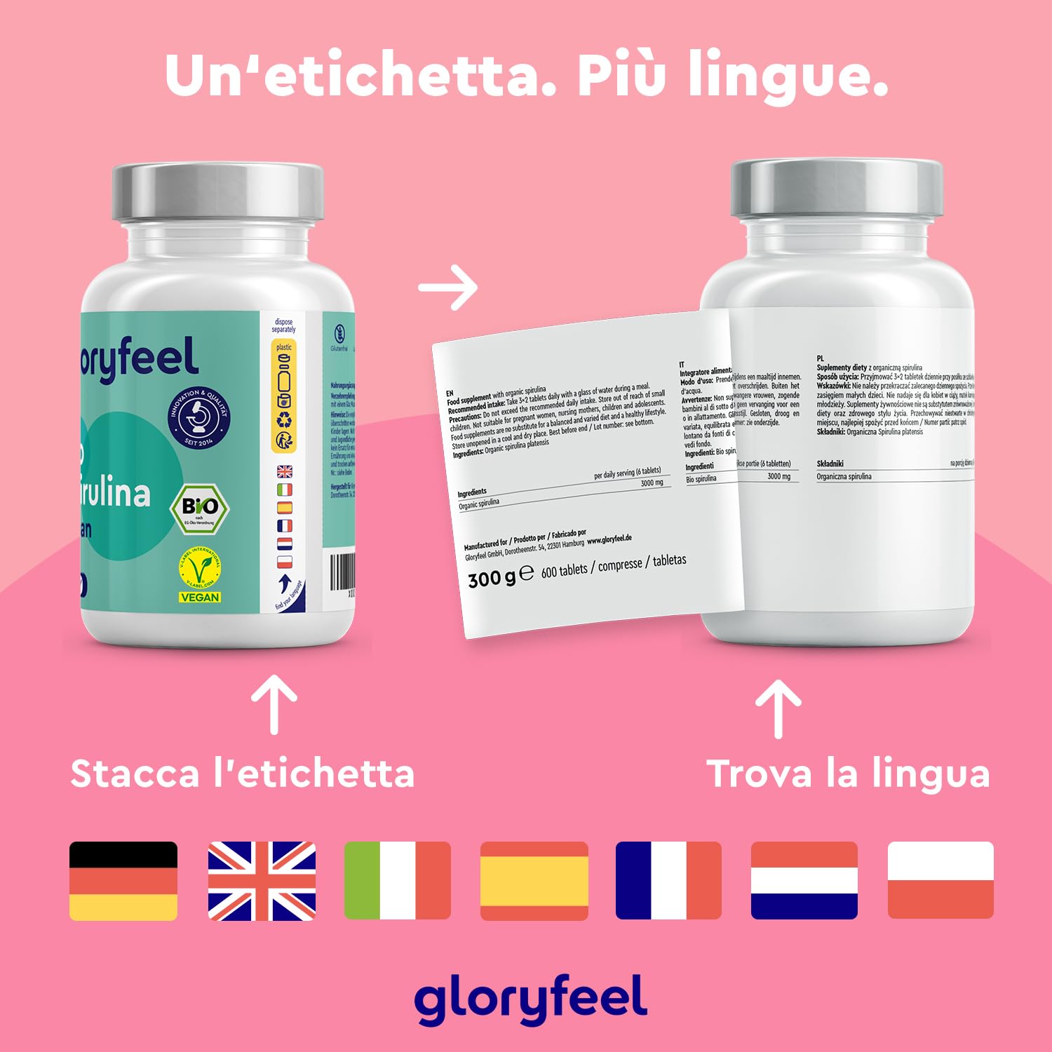 Spirulina Bio, 600 compresse BIO 500 mg, Alto dosaggio, Ricca di ficocianina, proteine e vitamine, Alga Spirulina pura, Analizzata e Confezionata in Germania, Vegan e senza Additivi