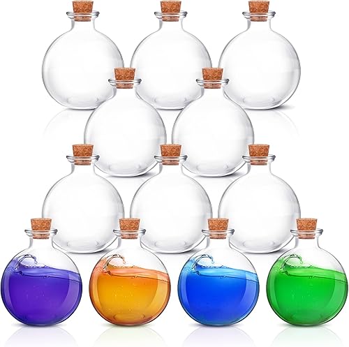 Tessco 12 botellas esféricas de vidrio con corcho de 8.5 onzas, botellas redondas de poción transparentes para Halloween, decoración de frascos de