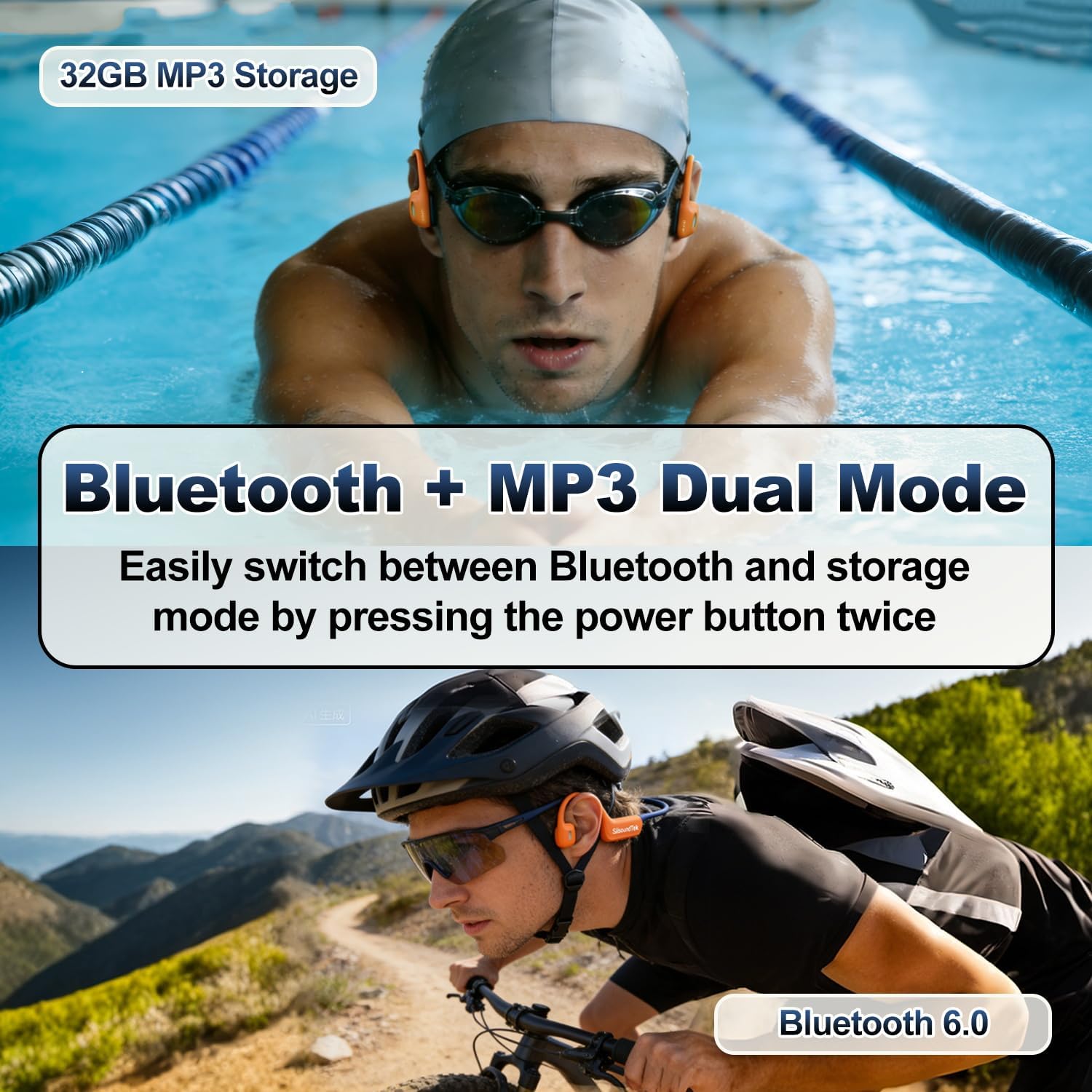 Liquid Silicone Bone Conduction Swimming Headphones,IP68 Waterproof Underwater Headphones,Bluetooth 6.0 &MP3 with 32GB Memory Card,Open Ear Bone Earphones for Running,Fitness and Cycling (Orange) - Image 5