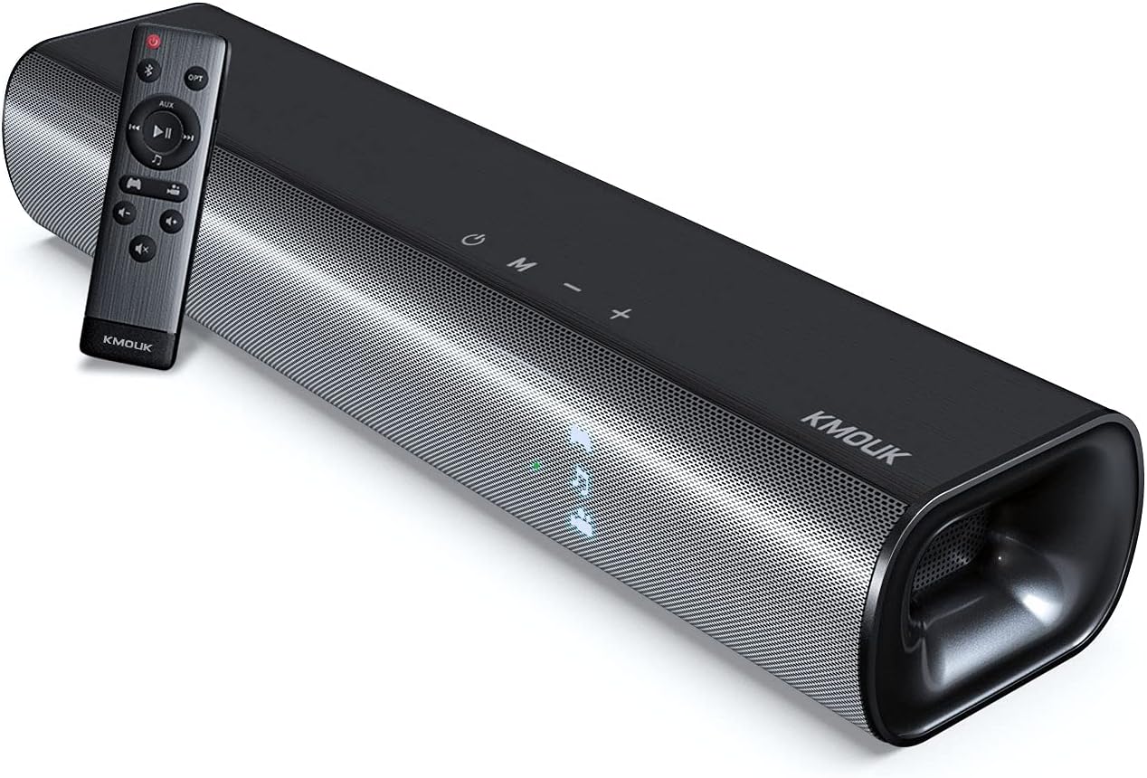 KMOUK Bluetooth 5.0 Soundbar, 2.0 Channel Wireless Sound Bars for TV/PC/Home Theater, Three Equalizer Mode Audio with 3D Surround Sound, Mini soundbar for Gaming, Music, and Movie