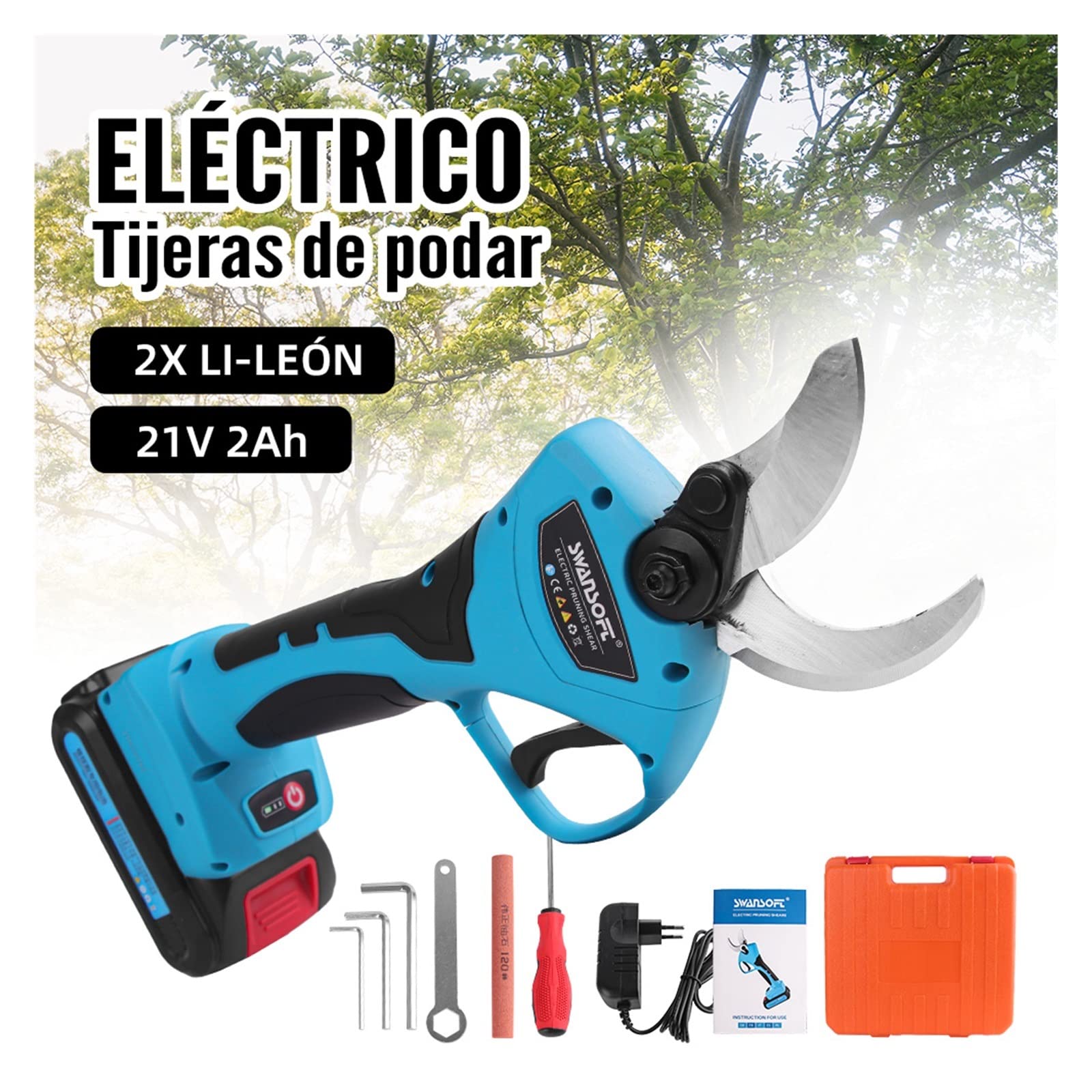 Tijeras de Podar Electricas, Tijeras de jardín, podadora eléctrica inalámbrica, 88VF, 21V, 40mm, podadora eléctrica, batería Recargable, Tijeras de podar, Cortador de jardín(WS-8605 40MM)