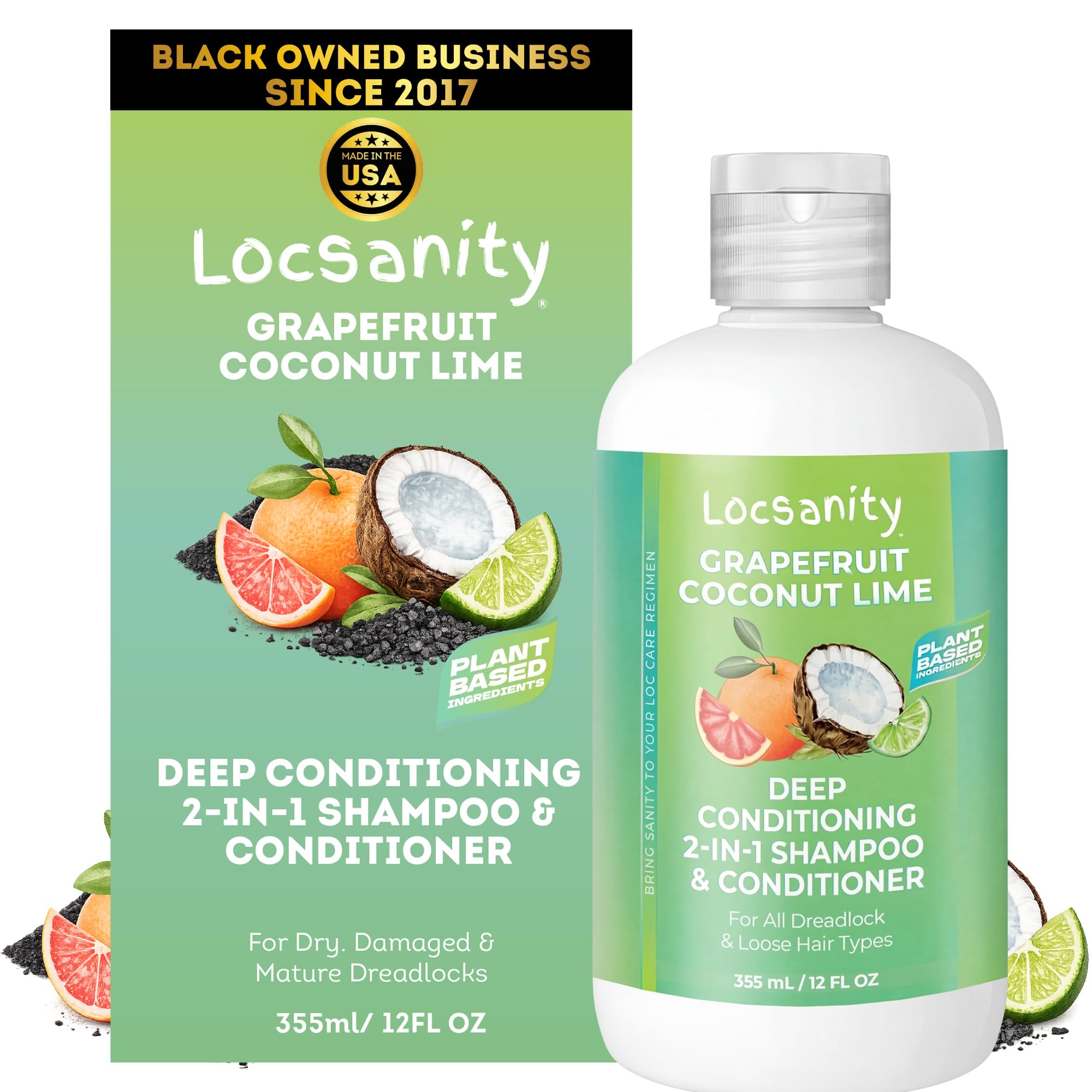 Locsanity - Grapefruit Coconut & Lime 2-in-1 Loc Shampoo & Conditioner - 12oz - Hydrating, Strengthens Hair for Dreads, Sisterlocks, Locks, & Dreadlocks | Optimal for Mature Locs
