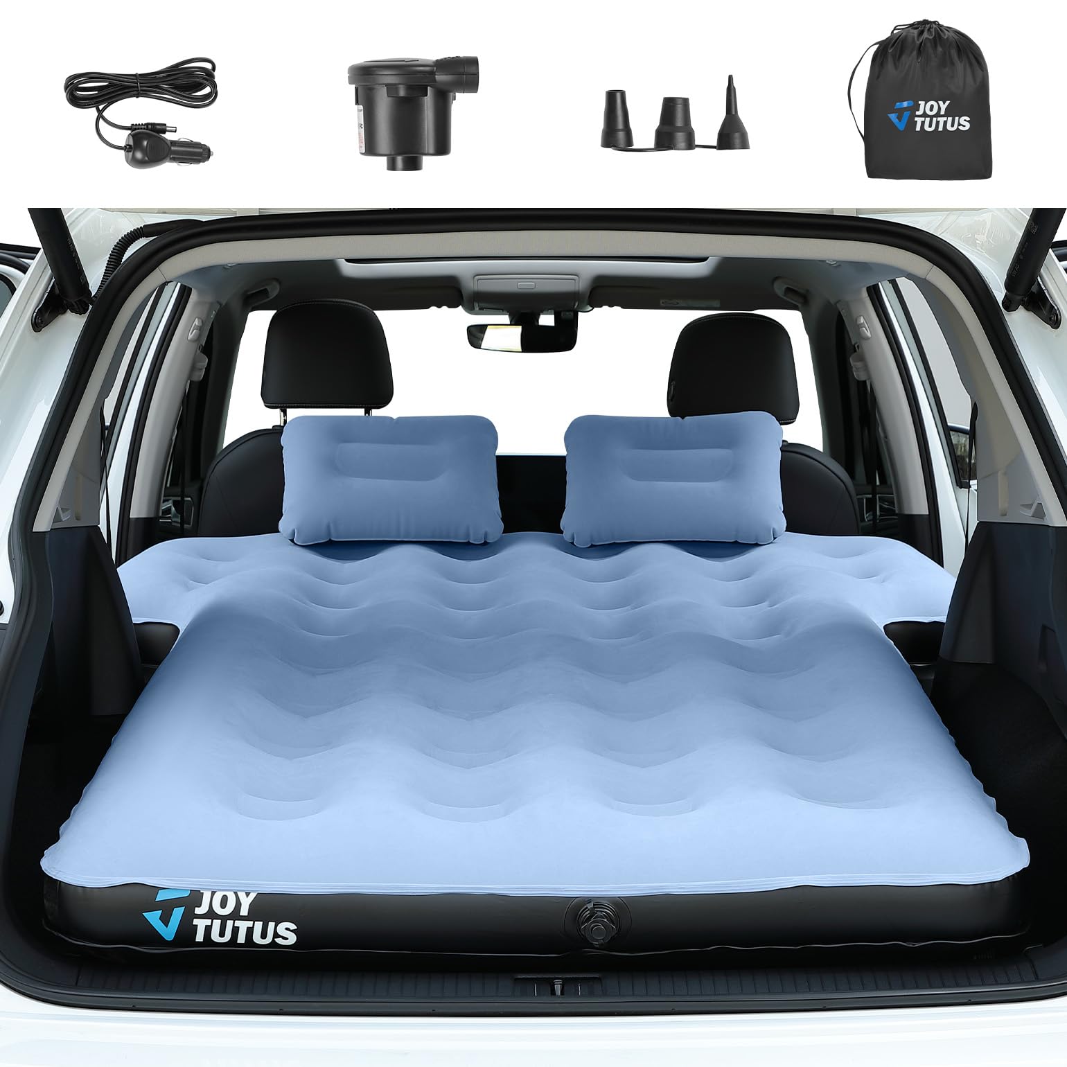 JOYTUTUS SUV Air Mattress Camping Bed,3.0 Thickened Flocking Car Camping Inflatable Mattress,Anti-Leakage,with 2 Pillows & Electric Pump Universal Car Bed for SUV Trunk and Rear Seat,Grey Blue
