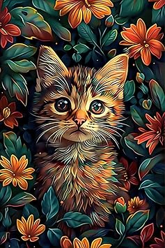 DIY 5D Diamond Art Painting Kit Full Drill, Animal Scenery with Cat in Flower, Round Rhinestone Embroidery Craft for Adults, Beautiful Wall Art Decor for Bedroom Living Room 8x12 Inch