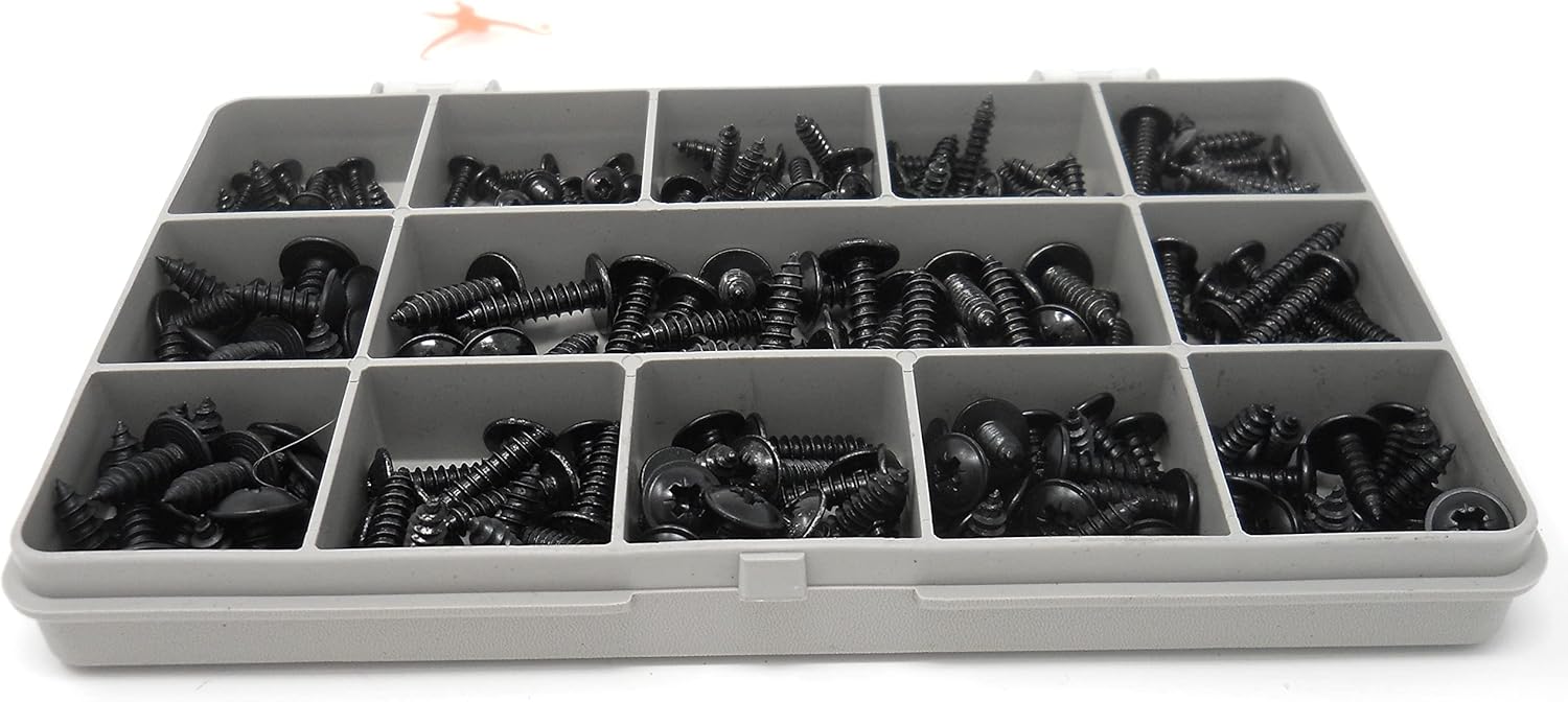 Monkeyjams' Shed | 215 Assorted Black Flange Self Tapping/Trim Screws - DIN4174 | No.4, No.6, No.8 and No.10 | Black Oxide Plated Steel