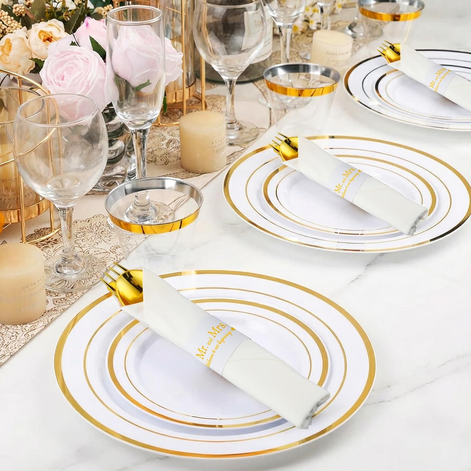 Meanplan 200 Pcs Wedding Pre Rolled Gold Plastic Silverware Set Mr and Mrs Wedding Disposable Wrapped Cutlery Set for Bridal Shower Engagement Party Decor, 50 Pcs Napkins Knives Forks and Spoons