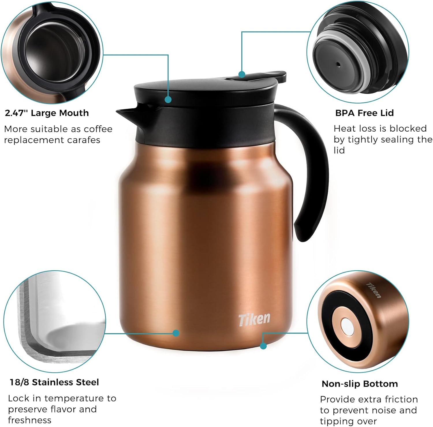 Tiken 34 Oz Thermal Coffee Carafes For Keeping Hot, Double Wall Stainless Steel Insulated Coffee Carafe, 1 Liter Beverage Pitcher (Copper)