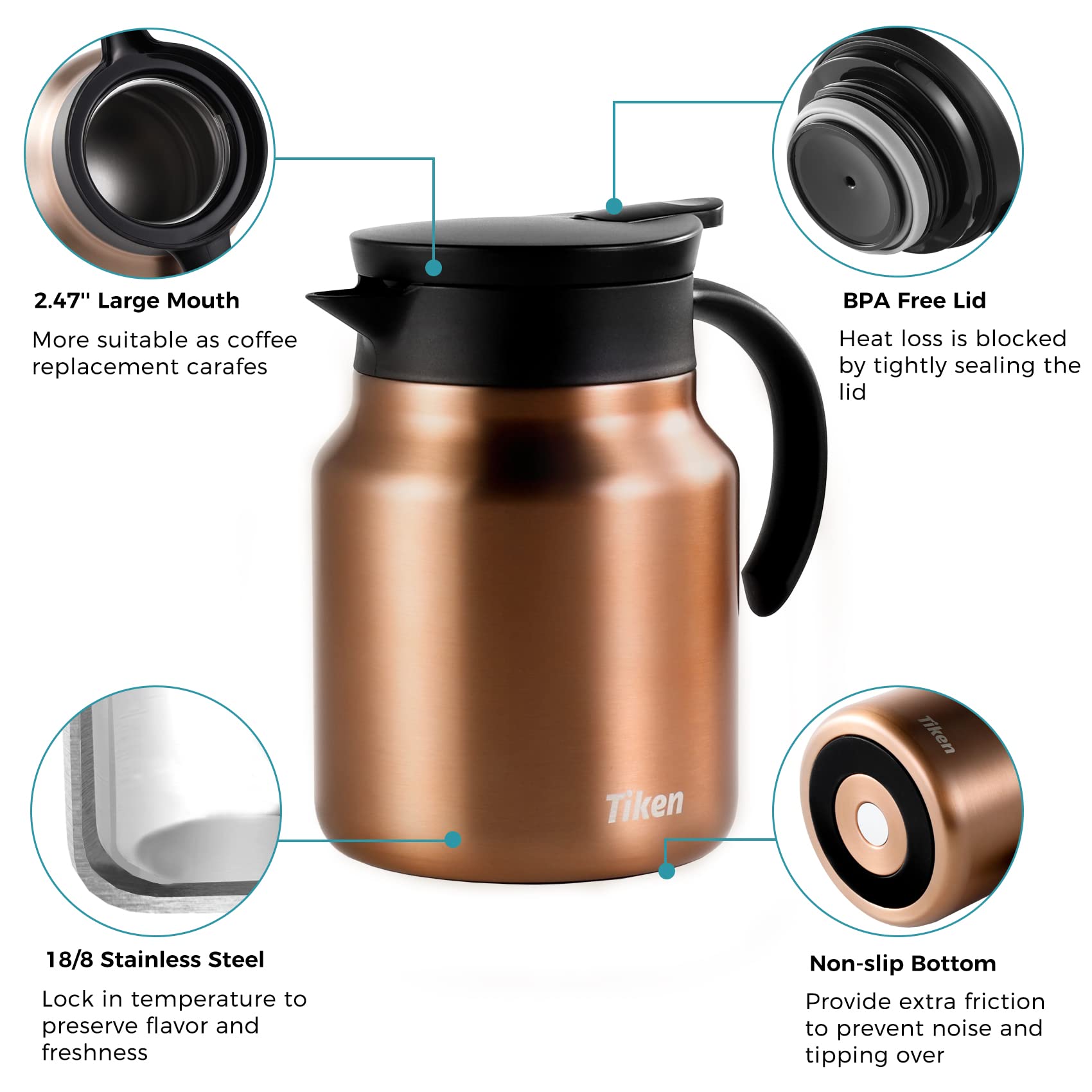 Tiken Jarra Térmica para Café de 1L, Termo de Acero Inoxidable de Doble Pared con Vacío para Bebidas Calientes y Frías