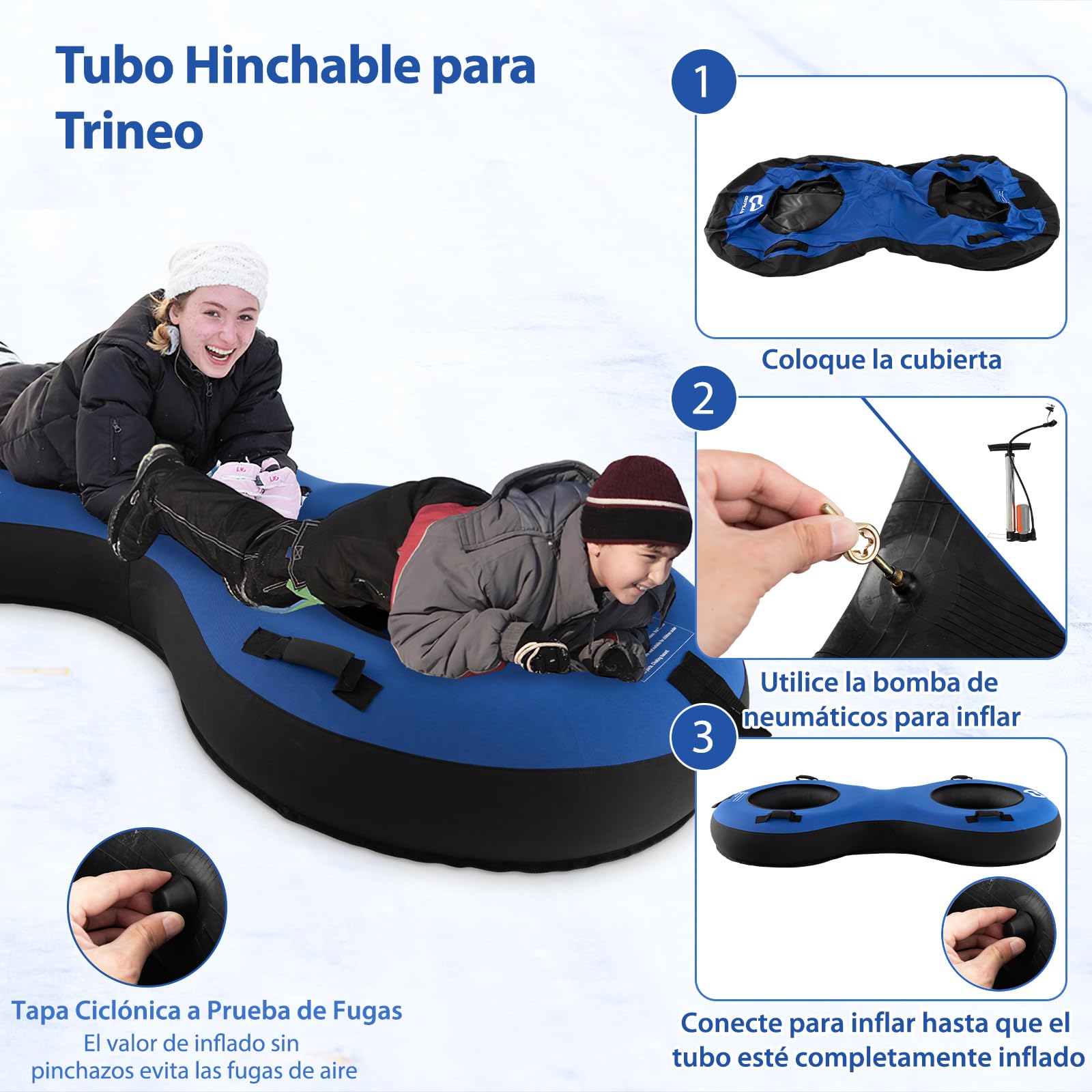 COSTWAY Trineo de Nieve Inflable 200x98 cm, Tubo para 2 Niños y Adultos, Goma