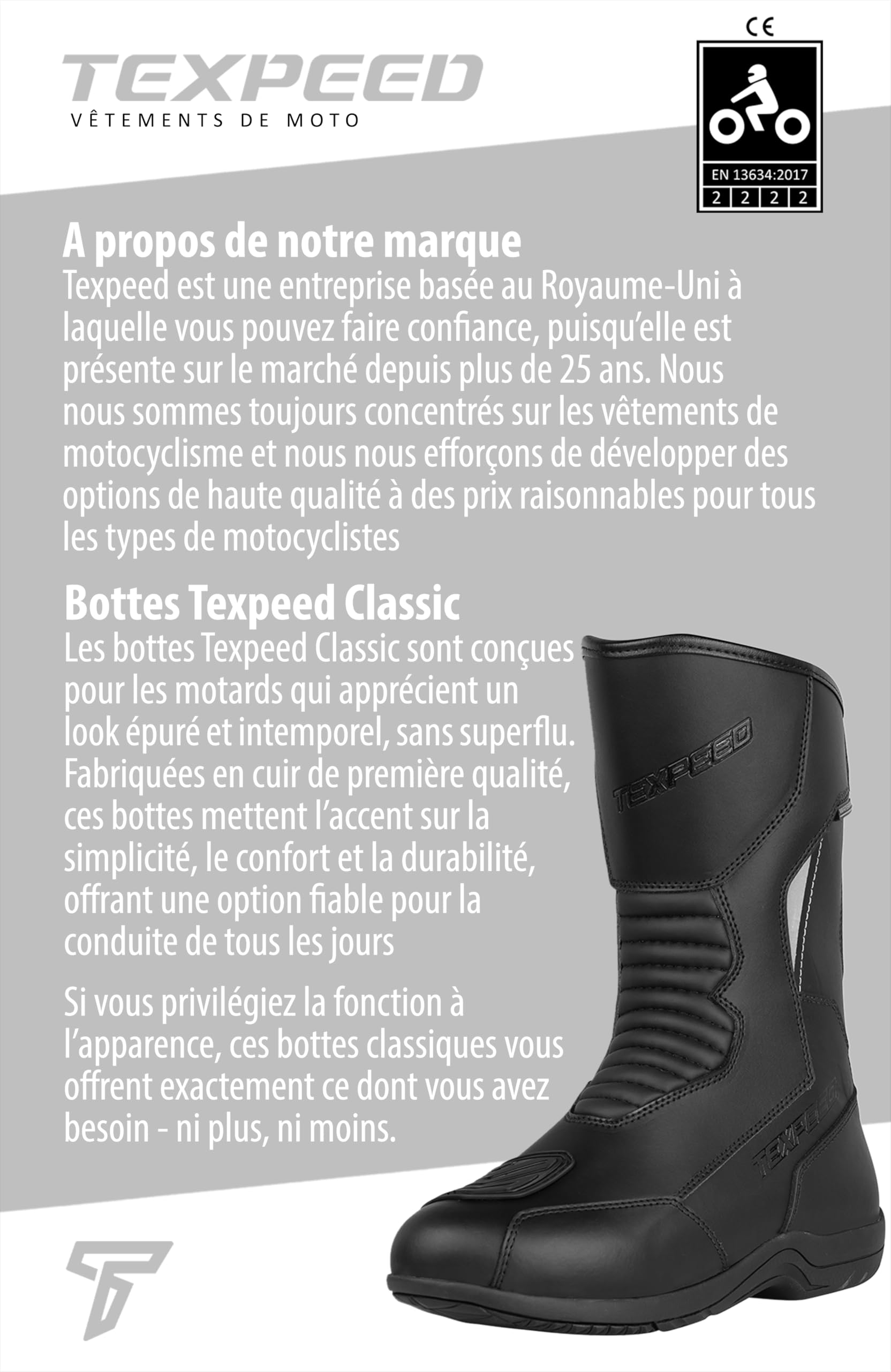Texpeed Bottes De Moto Imperméables Pour Hommes Homologuées - Chaussures De Motard En Cuir De Protection - Noir - Longue longueur - Taille 44 EU