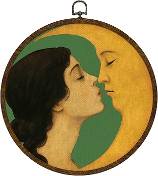 KLYTINK Romantic Moon and Young Girl Round Wall Art,Vintage-Inspired Celestial Canvas Print, Surreal Moon and Woman Hanging Decor for Bedroom, Gallery Wall 10x10