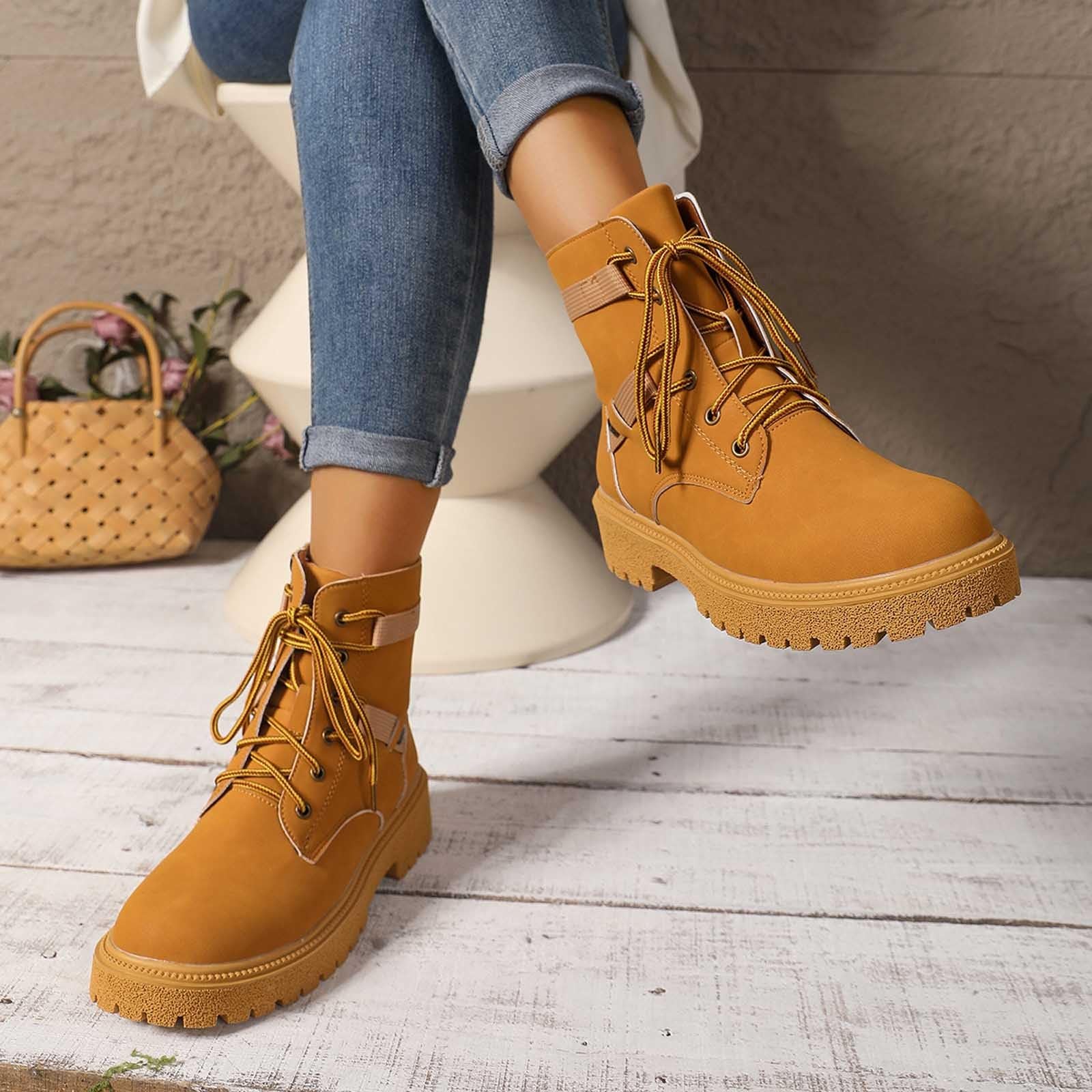 Generisch Bottines pour femme avec fermeture éclair latérale, lacets, chaussures de randonnée tendance avec semelle épaisse, bottes courtes élégantes pour l'aventure