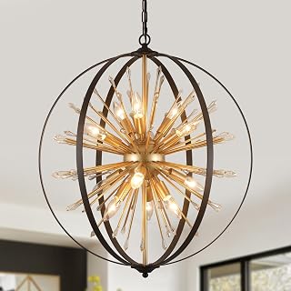 MEIXISUE Modern Sputnik Chandelier,Black Gold Globe Crystal Firework Pendant Light Fixture Industrial 12-Light for Entryway Foyer Kitchen Dining Living Room UL Listed