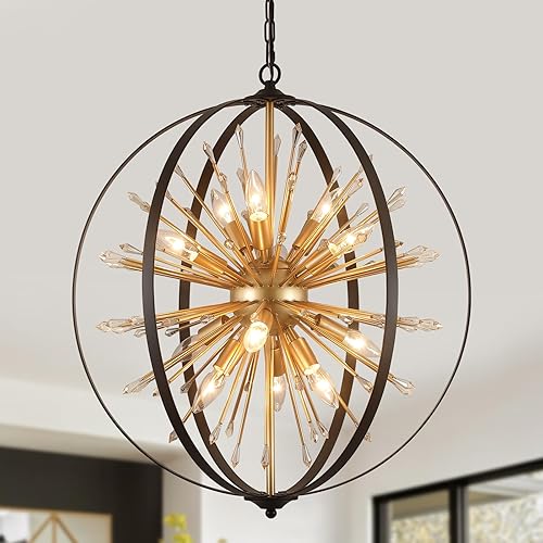 Modern Sputnik Chandelier,Black Gold Globe Crystal Firework Pendant Light Fixture