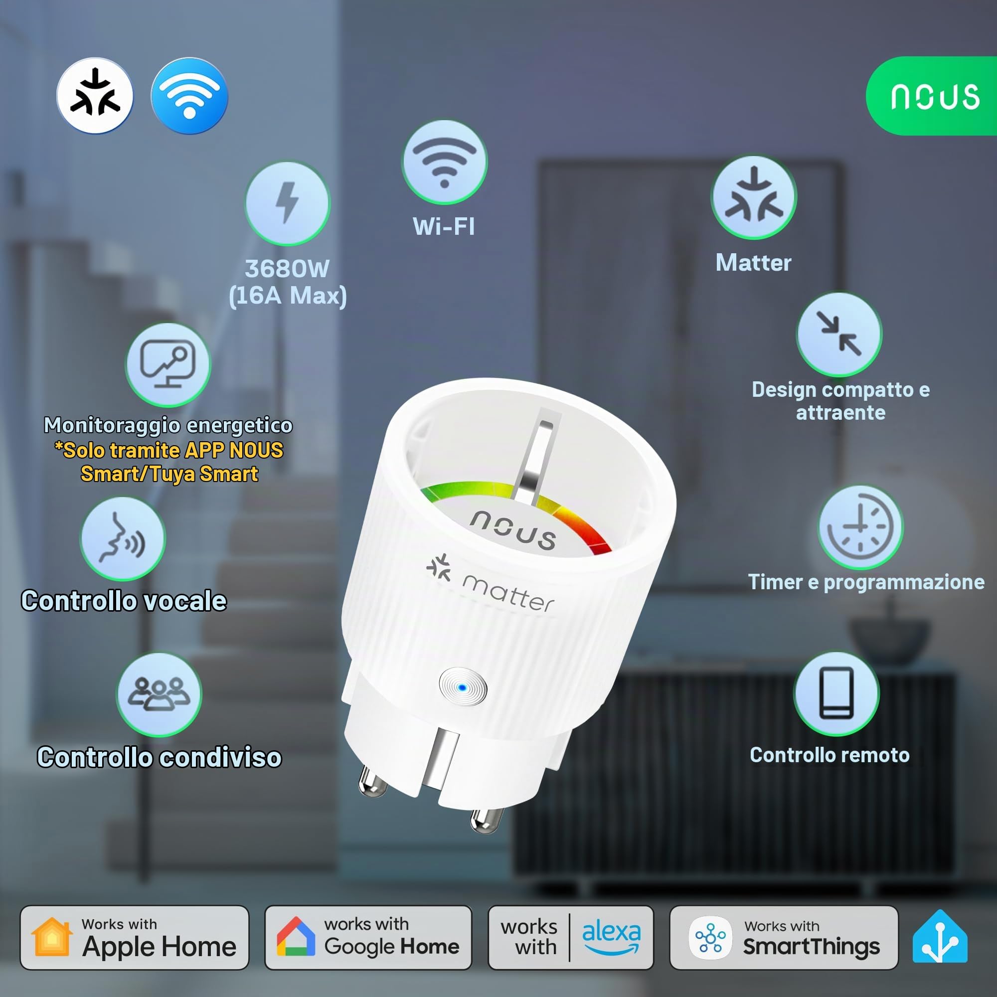 NOUS Presa Smart Matter con Monitoraggio dei Consumi, 16A 3840W — immagine 2 di 15