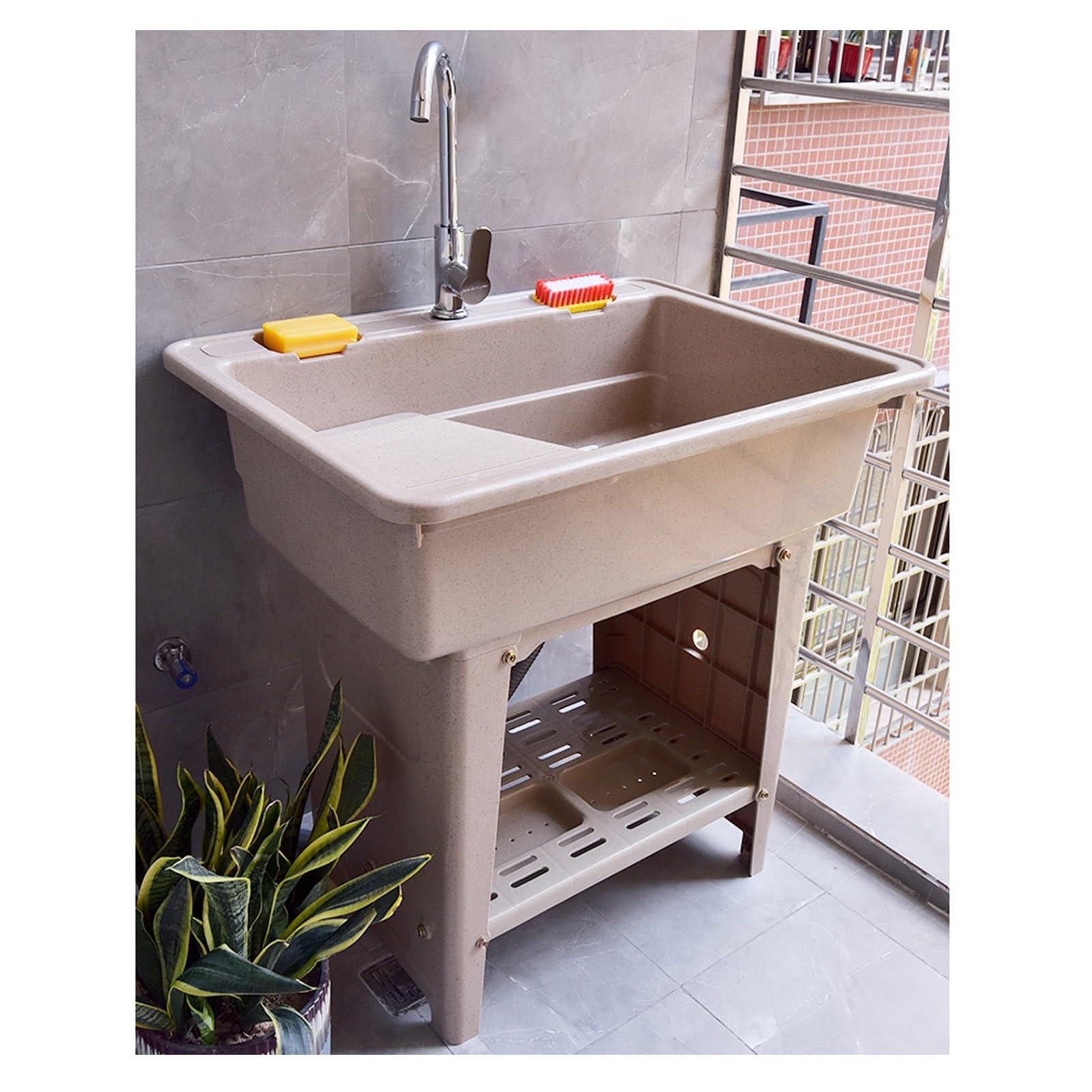 utility Freestanding Stainless Steel Faucet Laundry Tub, Indoor Outdoor Garden Sink with Cold and Hot Water, Brown (65*]}