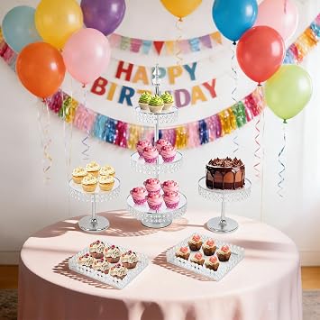 5 Pieces Cake Stand Set, Centerpiece Dessert Table Display Set 3-Tier Cupcakes Holder Tower with Rectangular Trays Crystal Edge Design for Wedding Birthday Party
