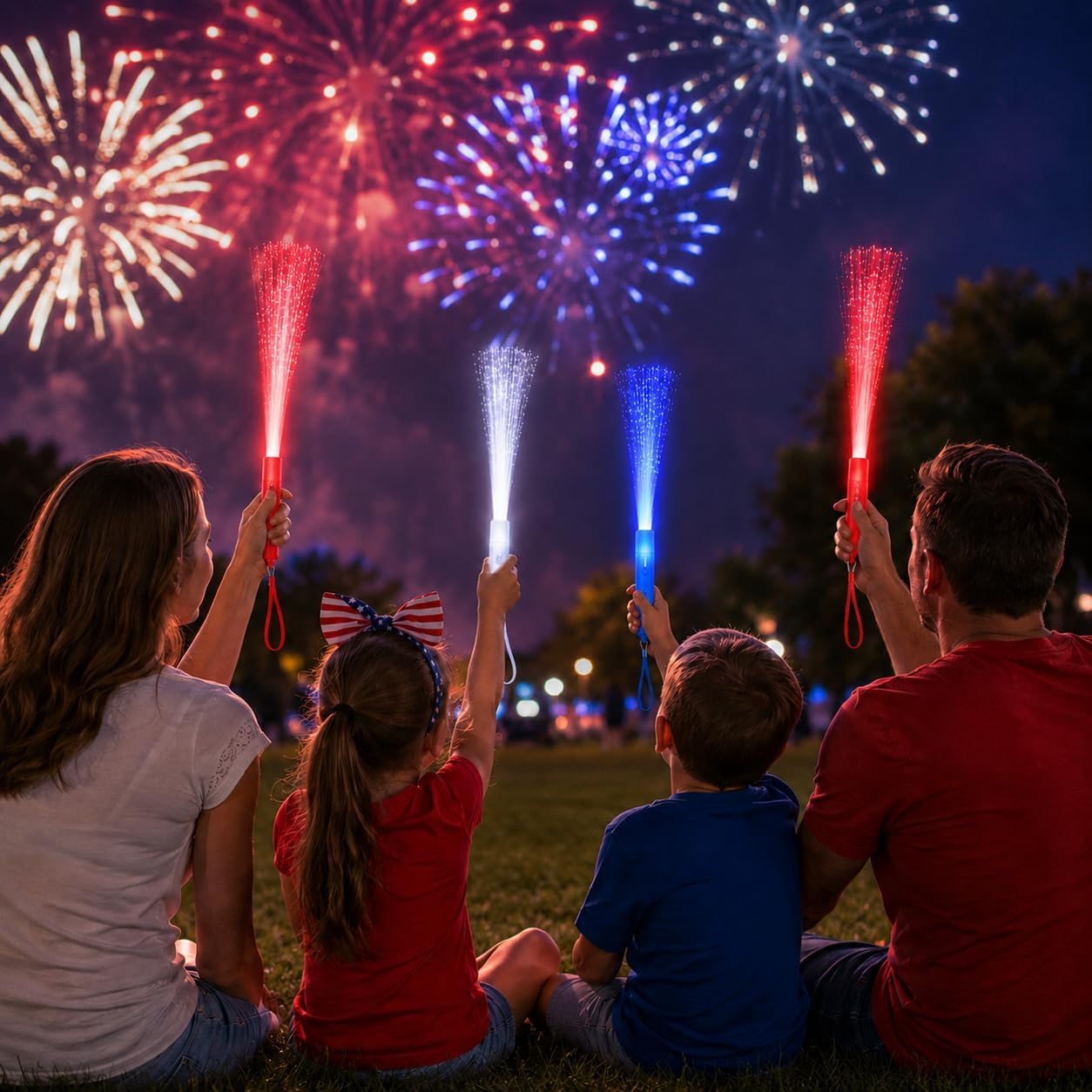 24 Pack 4th of July Light Up Fiber Optic Wands – Patriotic Red White & Blue LED Glow Sticks for Kids & Adults, Independence Day Party Favors, Fireworks Shows & Parade Decorations