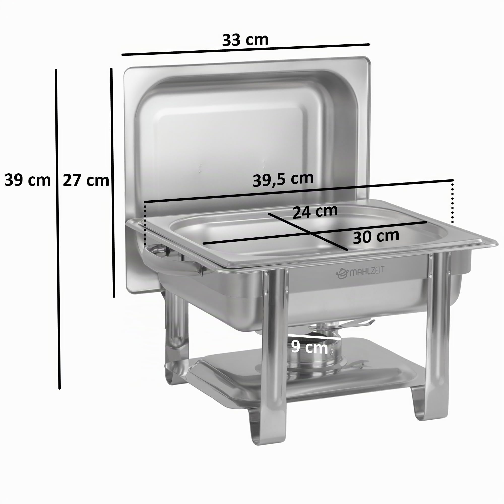 Mahlzeit Edelstahl Chafing Dish 4 Liter | Speisenwärmer mit Deckelhalter, Warmhaltebehälter Essen | Wärmebehälter, Bain Marie Rechaud | Chafing Dishes für Buffet Catering Gastro und Party