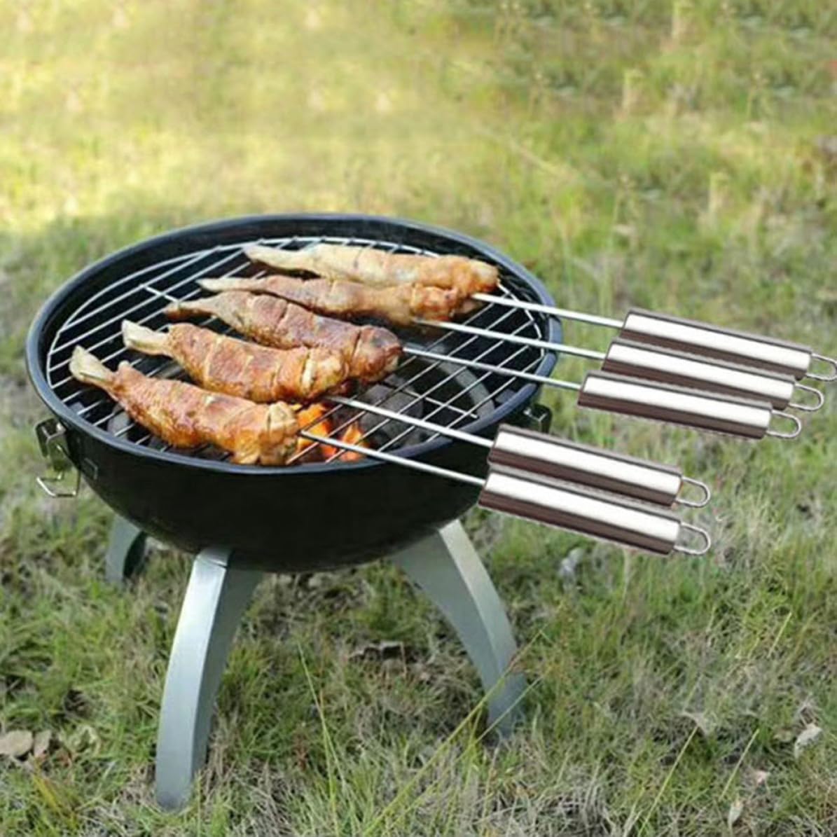 Brochetas de Acero Inoxidable 10 Piezas con Mango Térmico Ergonómico | Carne y Marisco, Uso en Barbacoa, Picnic y Senderismo, Acabado Plata, Herramientas de Barbacoa Reutilizables