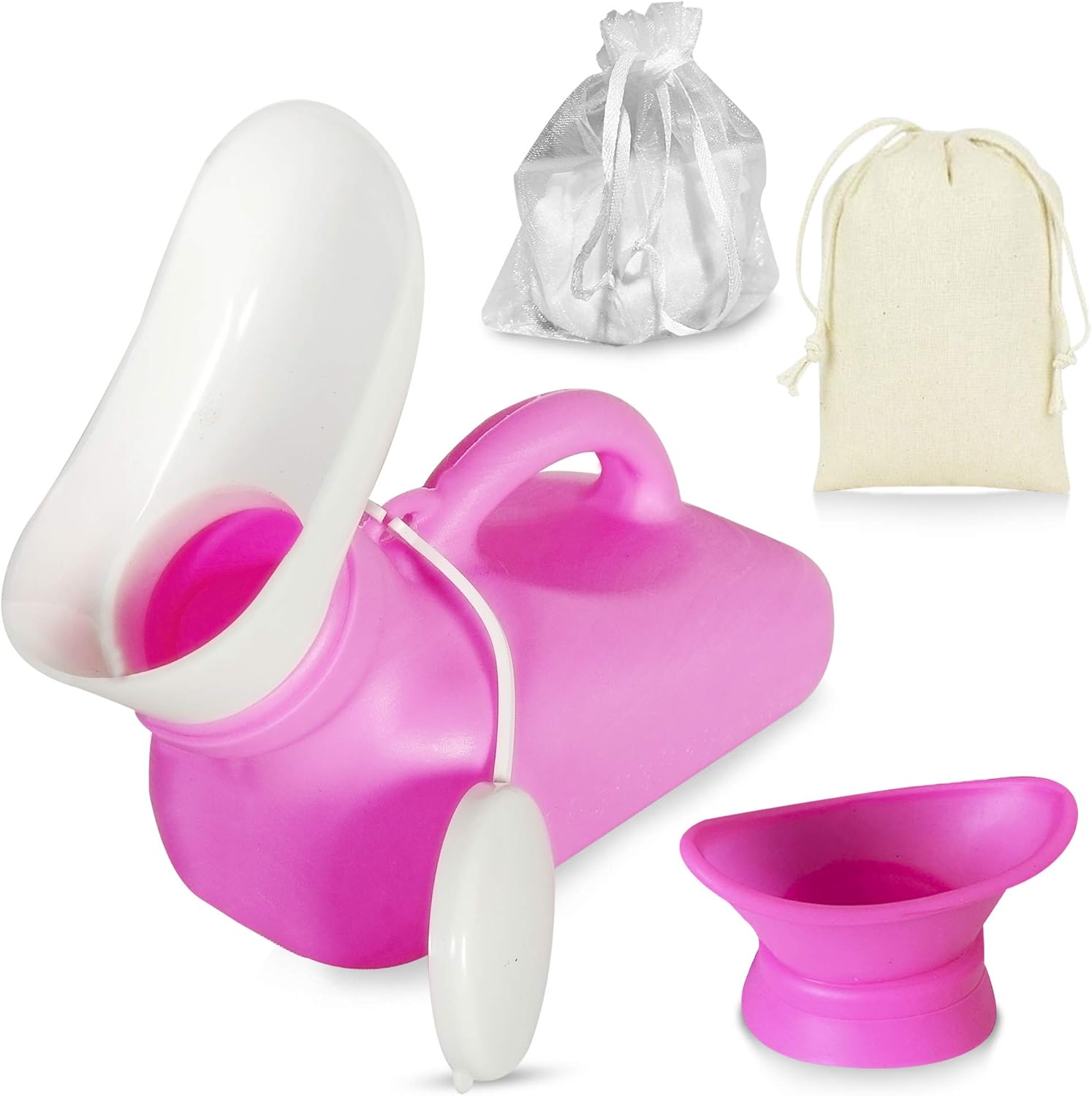 Unisex Urinal Bottle - Portable Men and Women Urinal for Travel – Male and Female Urination Device for Camping, Hiking, Travel - Adult Travel Potty with Attachments Cotton Bag Handkerchiefs