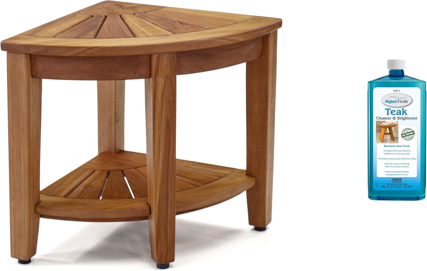 The Original 15.5" Kai Corner Teak Shower Bench with Shelf & AquaTeak Teak Cleaner & Brightener