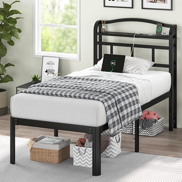 QEROMY Twin Size Bed Frame - Storage Headboard with Charging Station, Easy Assembly, 18 inch Heavy Duty Metal Platform B