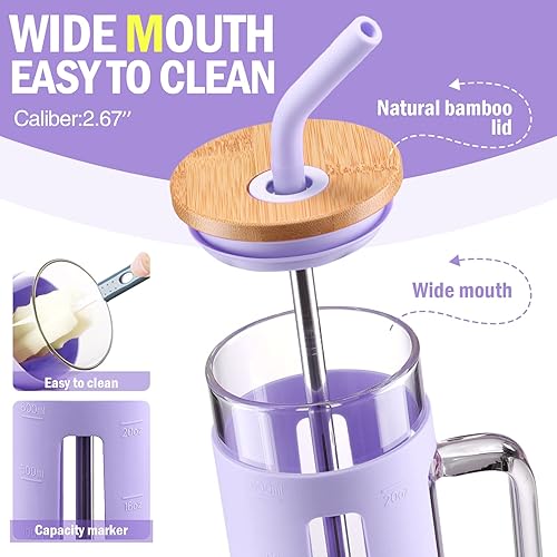 Miniatura 5 de Kodrine Vaso con tapa y pajilla, vaso de vidrio para café de 20 onzas con asa, taza para batidos con tapa de bambú, marcador de tiempo, funda