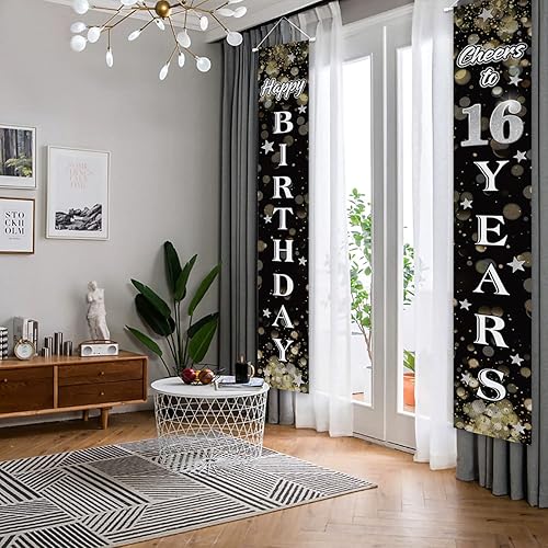 Miniatura 94 de Decoraciones de feliz cumpleaños 18, cartel colgante de puerta con temática de cumpleaños de estrella de ensueño negro y plateado de 18 años