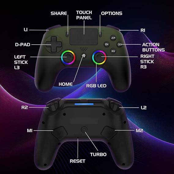 Subsonic - Wireless Controller for PS5 - PS5 Controller with RGB LED Green | PS5 Wireless Controller with Programmable Paddles and RGB LED, Vibration, 6-axis Gyroscope, Turbo Function and Touch Function