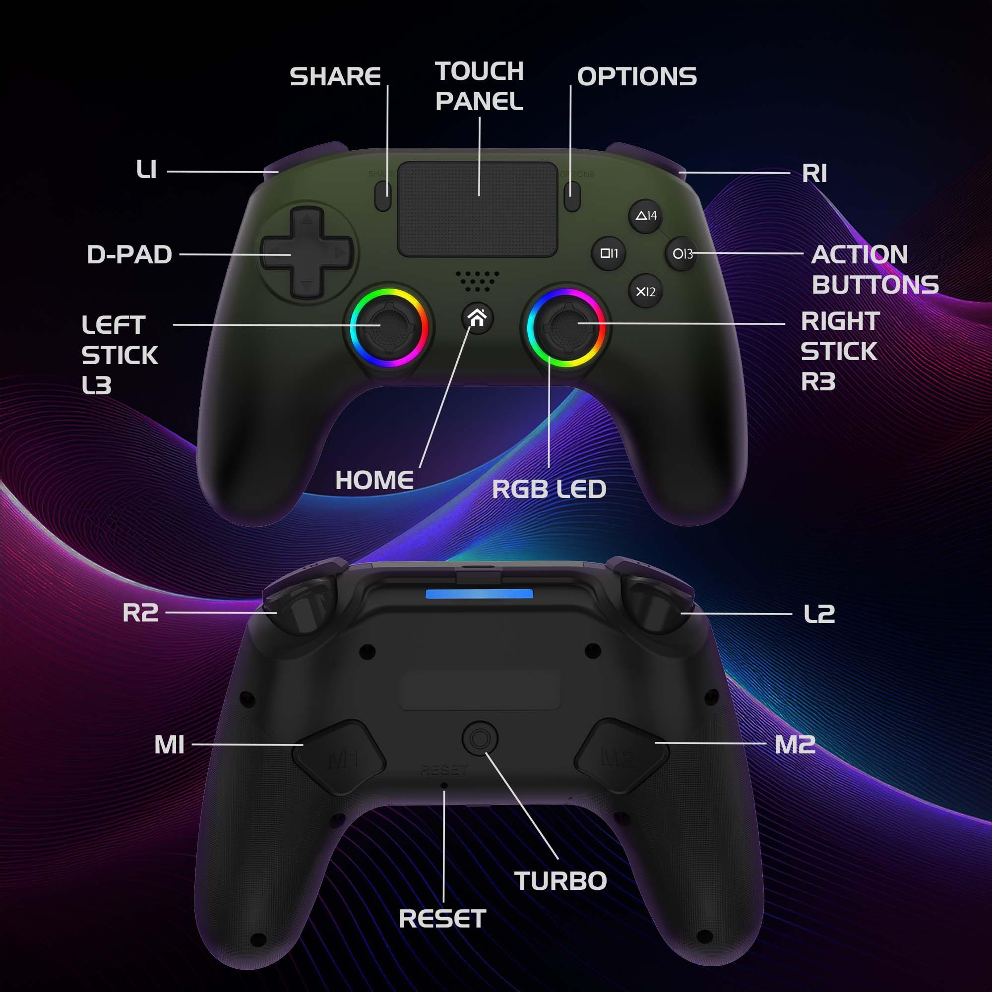 SUBSONIC - Kabelloser Controller für PS5 und PC - RGB LED - Grün | Ergonomisch, Programmierbare LEDs, Vibrationsfunktion, Touchpad, Programmierbare Paddles – Kompatibel mit PS5 und PC