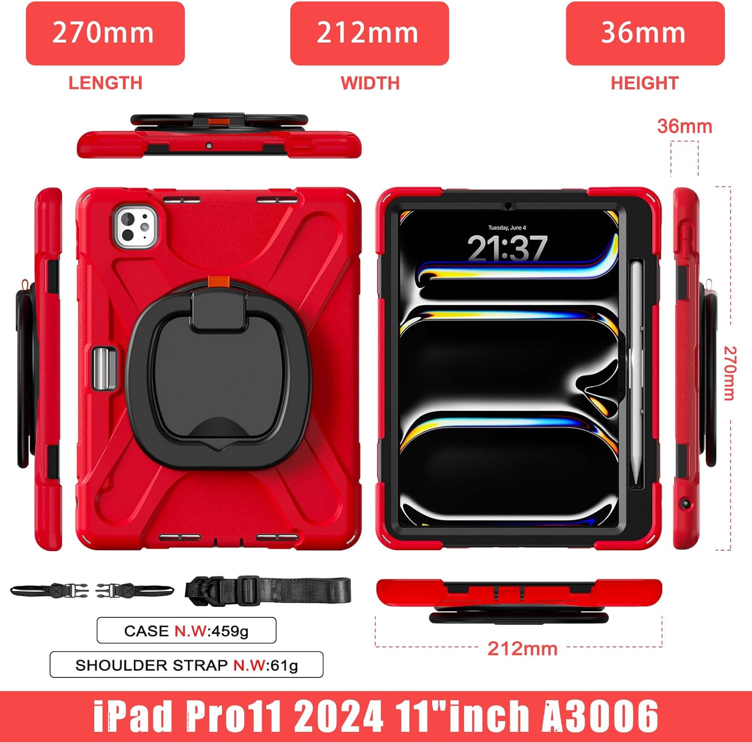 for iPad Pro 11" Case 2024, Heavy Duty Protection, Pencil Holder, 360° Rotatable Stand, Shockproof Silicone Hard PC Shell, Adjustable Shoulder Strap, Rugged Cover for iPad Pro 11 (M4, A3006), Red
