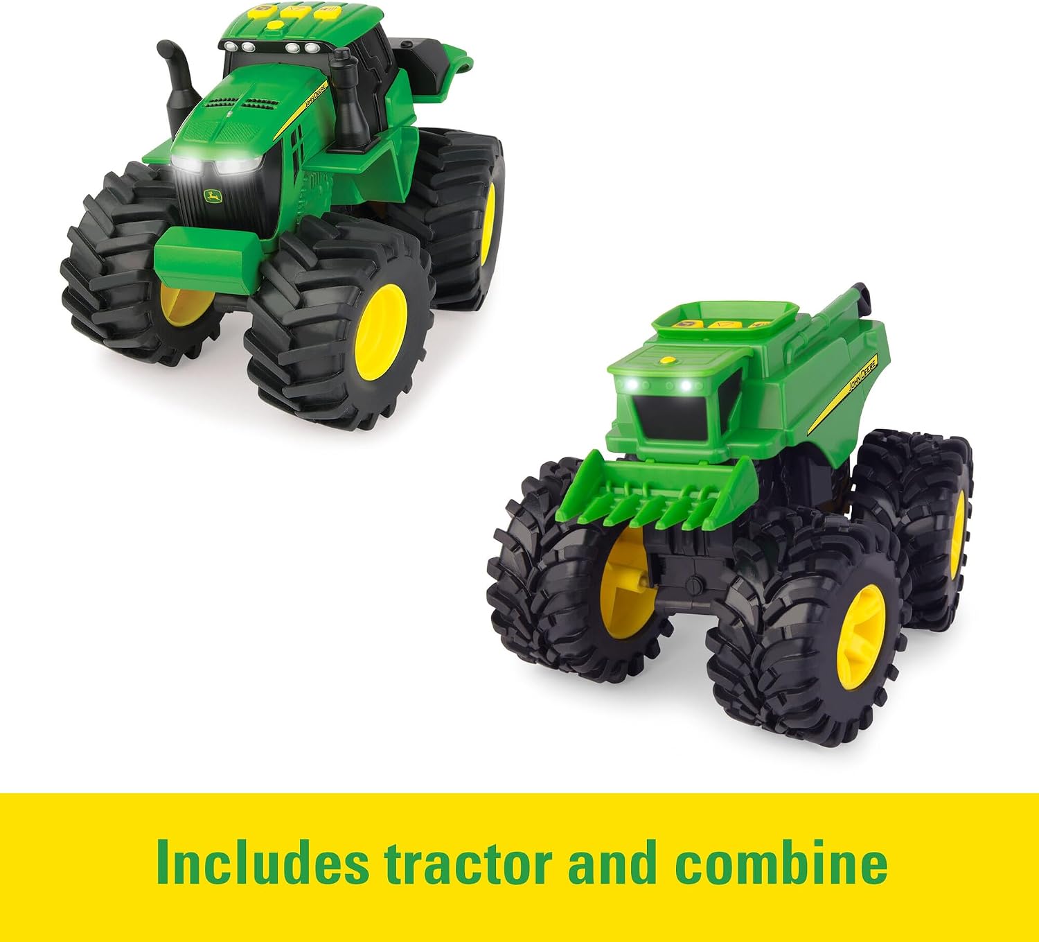 TOMY Monster Treads Monster Truck Toys - John Deere Tractor and Combine 2-Pack with Lights and Sounds - John Deere Toys with Durable Bouncy Tires - 2 Count - Ages 3 Years and Up
