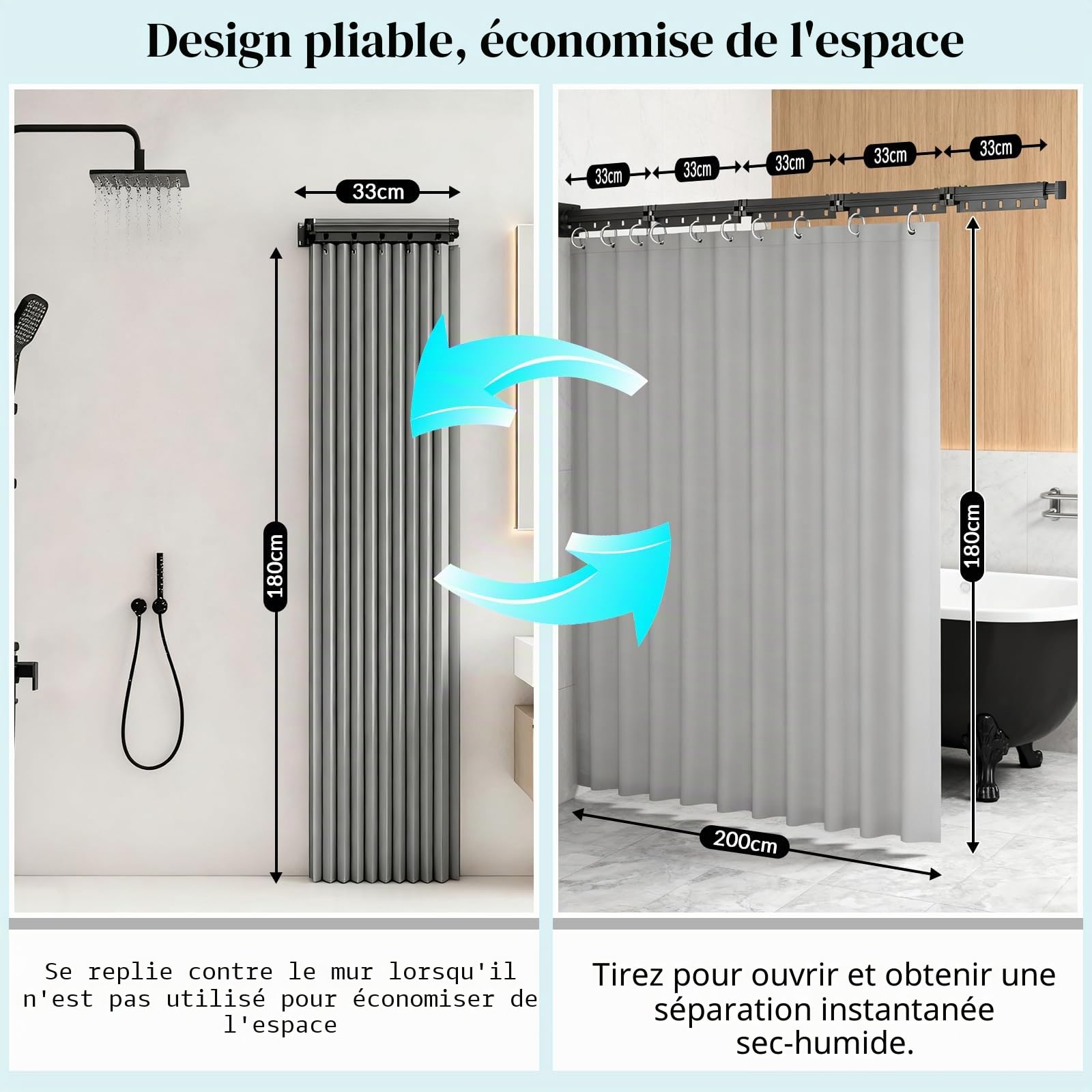 Pliable Tringle à Rideau Barre de Douche Angle Sans Percage, 1,8 m × 2 m Rideau de Douche Pliable Anti Moisissure Imperméable, Forme U/L/Droite, pour Salles de Bain, Vestiaires, Camping-cars