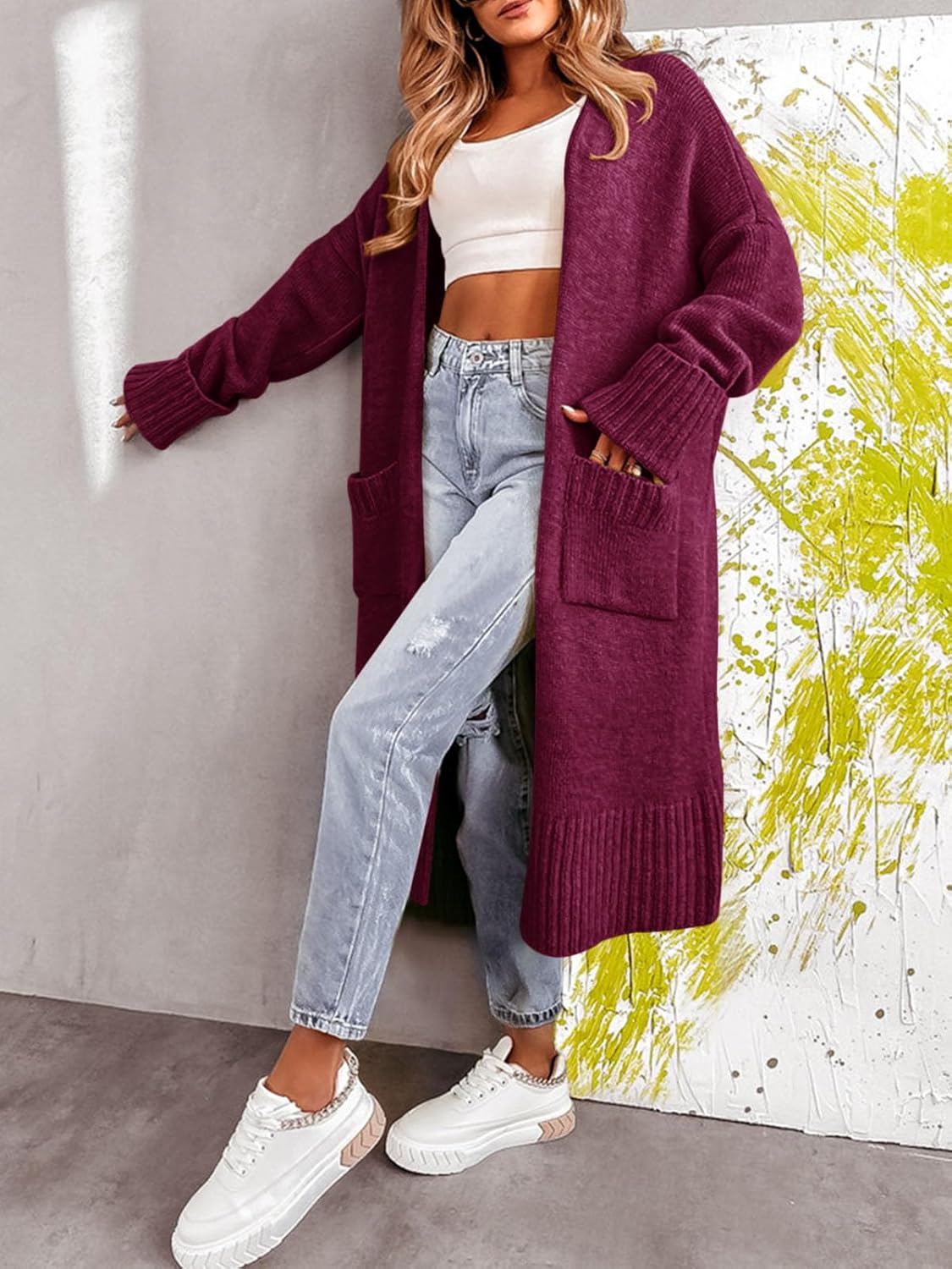Danedvi Long Cardigan Sweaters for Women 2025 Fall Open Front Knit Oversized Cardigans Duster Coat with Pockets Burgundy - Image 4