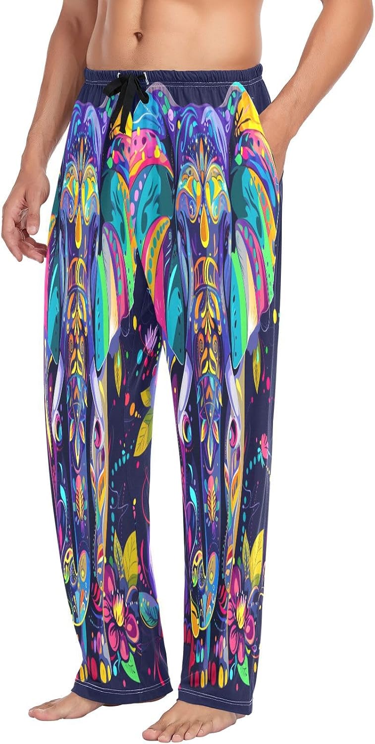 ALAZA Rainbow Elephant Flower Boho Men's Pajama Pants Men Cotton Pajama Bottoms with Pockets, S