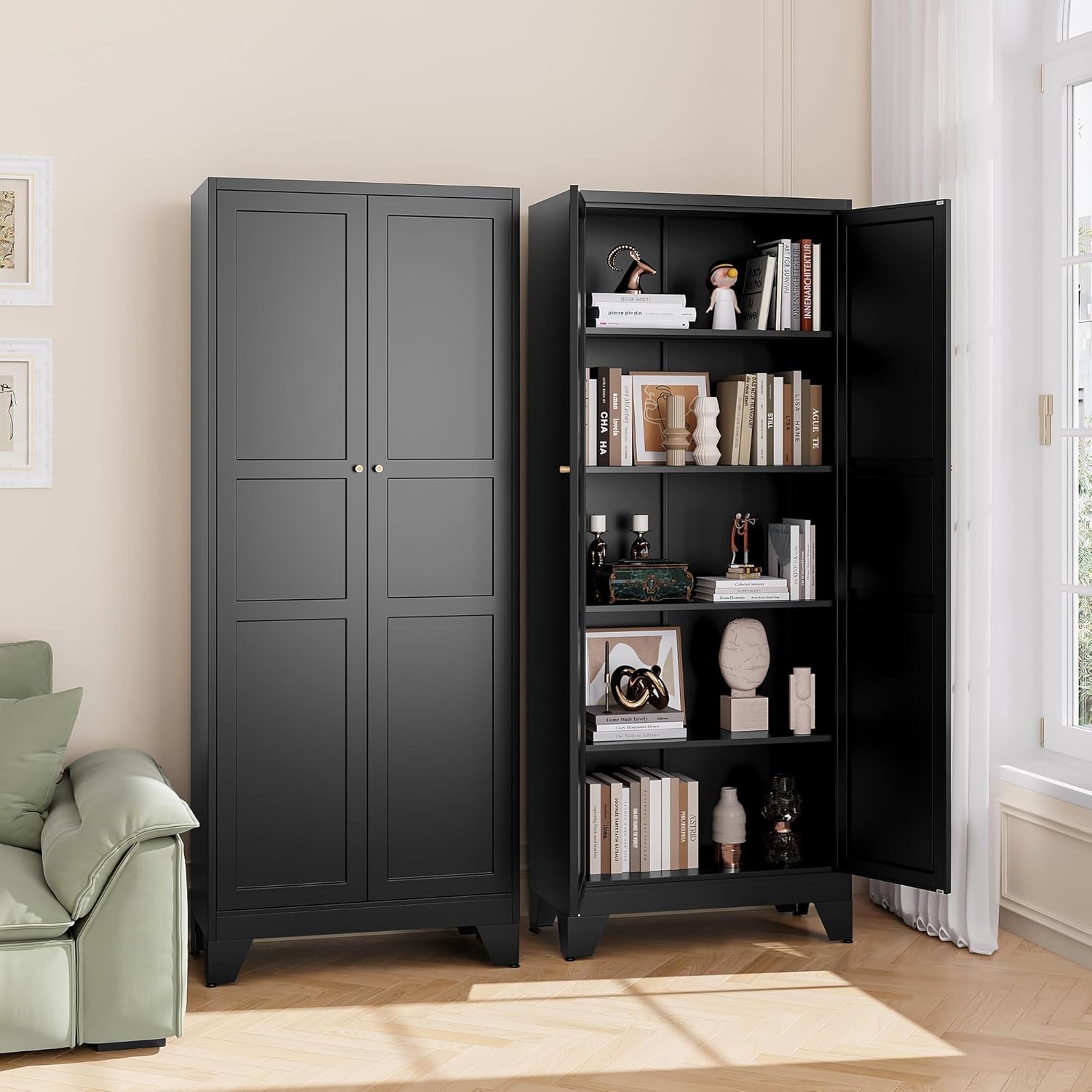 75" Tall Storage Cabinet, Kitchen Pantry Cabinet with Adjustable Shelves and Door, Black Metal Storage Cabinet, Farmhouse Pantry Storage for Kitchen, Dining Room