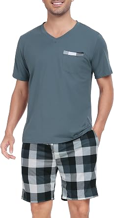 Vlazom Mens Pajama Sets Soft 2 Piece Pjs Set Short Sleeve Cotton Top and Plaid Pants for Loungewear Sleepwear with Pockets