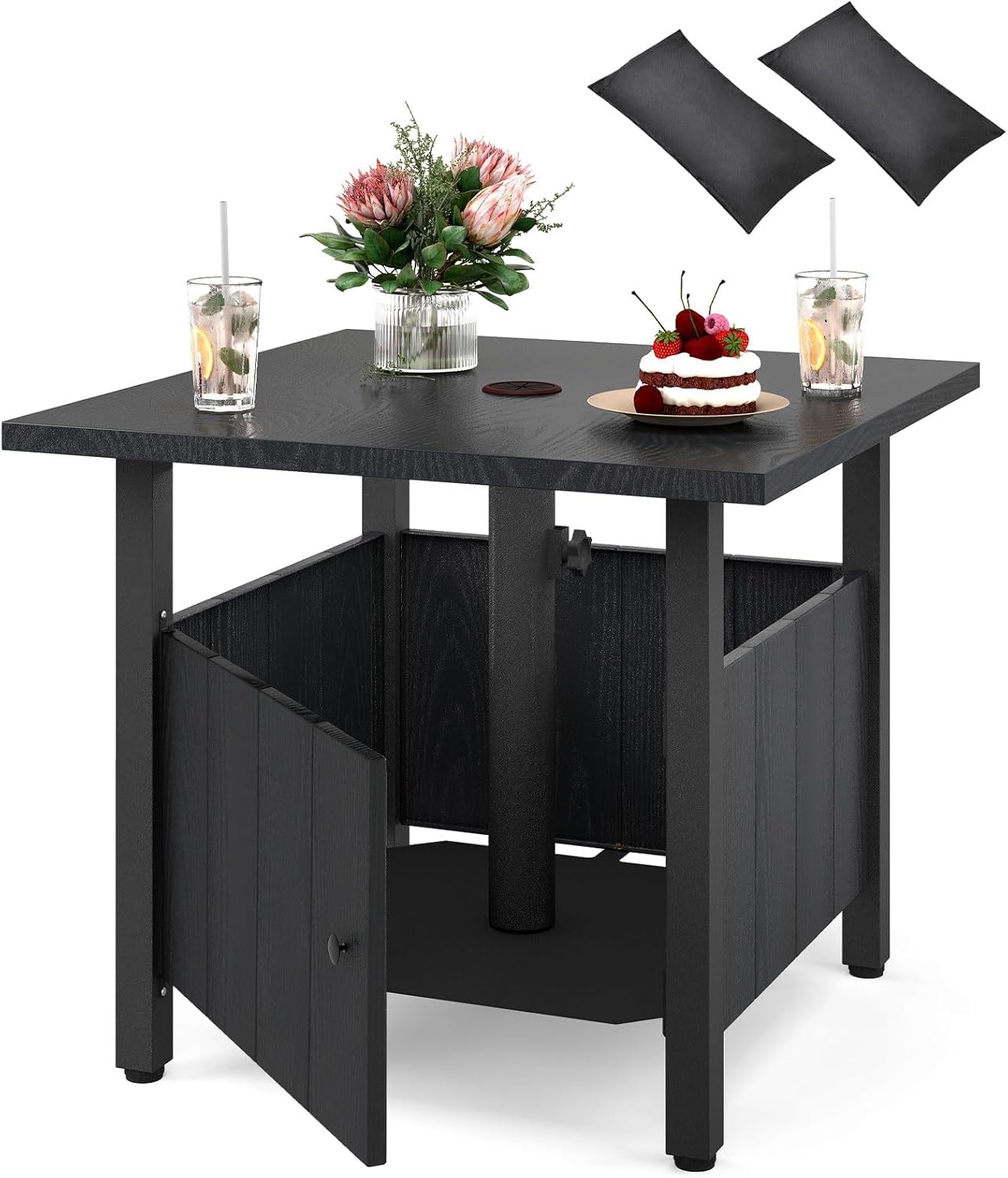 Tangkula Outdoor Table with Hole, Patio Umbrella Table with 2 Sand Bags, 1.89" Umbrella Hole, Metal Frame, Outdoor Side Table for Garden, Deck and Poolside