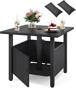 Tangkula Outdoor Table with Hole, Patio Umbrella Table with 2 Sand Bags, 1.89" Umbrella Hole, Metal Frame, Outdoor Side Table for Garden, Deck and Poolside