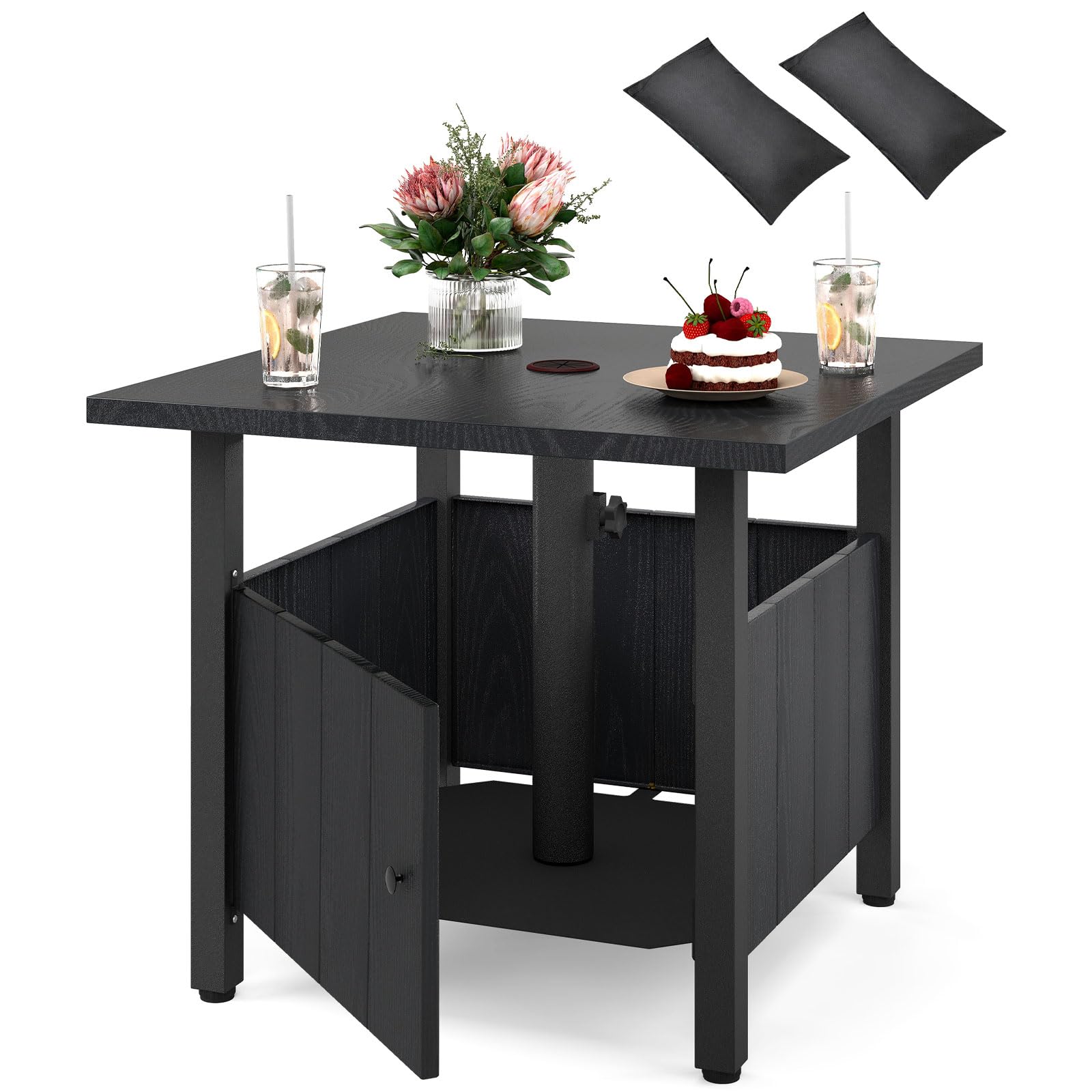 COSTWAY Garden Side Table, Square Small Patio Coffee Table with 4.8cm Umbrella Hole, 2 Sand Bags and Storage, Metal Frame Outdoor Snack Tea End Bistro Tables for Balcony Lawn Backyard, 55 x 55 x 48cm
