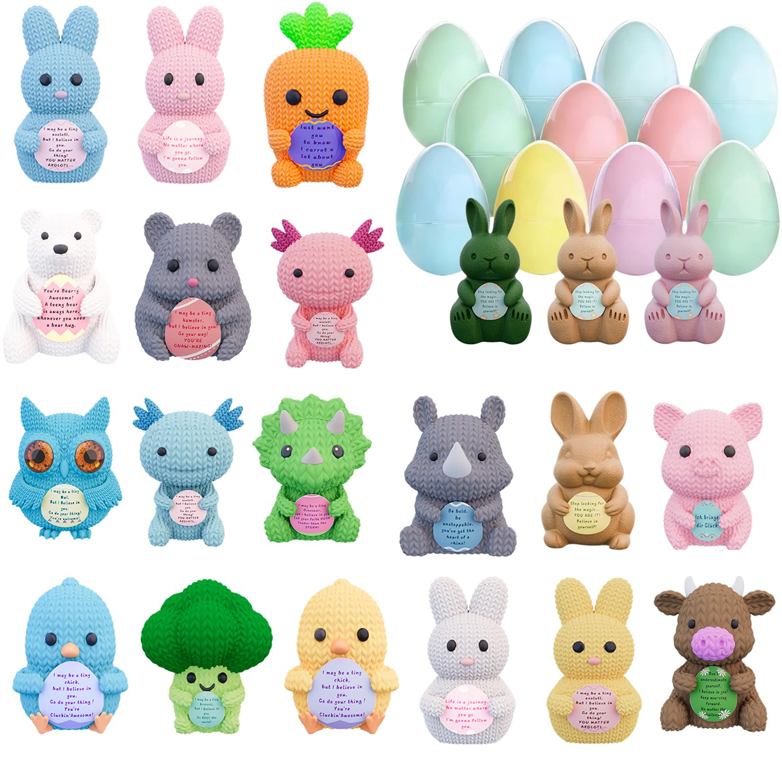 Photo 1 of 24 Pack Prefilled Easter Eggs with 3D Printed Knitted Animals – Amigurumi Style Figurines Positive Cardfor Egg Hunt Easter Party Favors for Kids Boys Girls Easter Basket Stuffers Party Favors