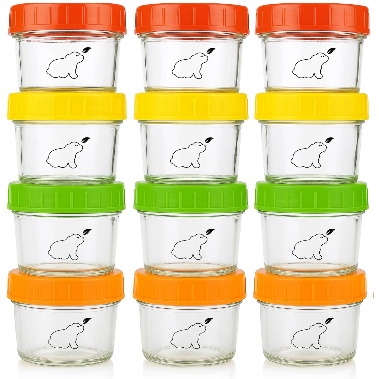 Budding Bear Vorratsdosen Glas für Babynahrung, Glasfrischhaltedose 120ml (12 Stk) - Gefrierdosen Klein mit Schraubdeckel, Glasbehälter Rund Mikrowellenfest (Außer Deckel) - Schadstoffrei, Mehrweg